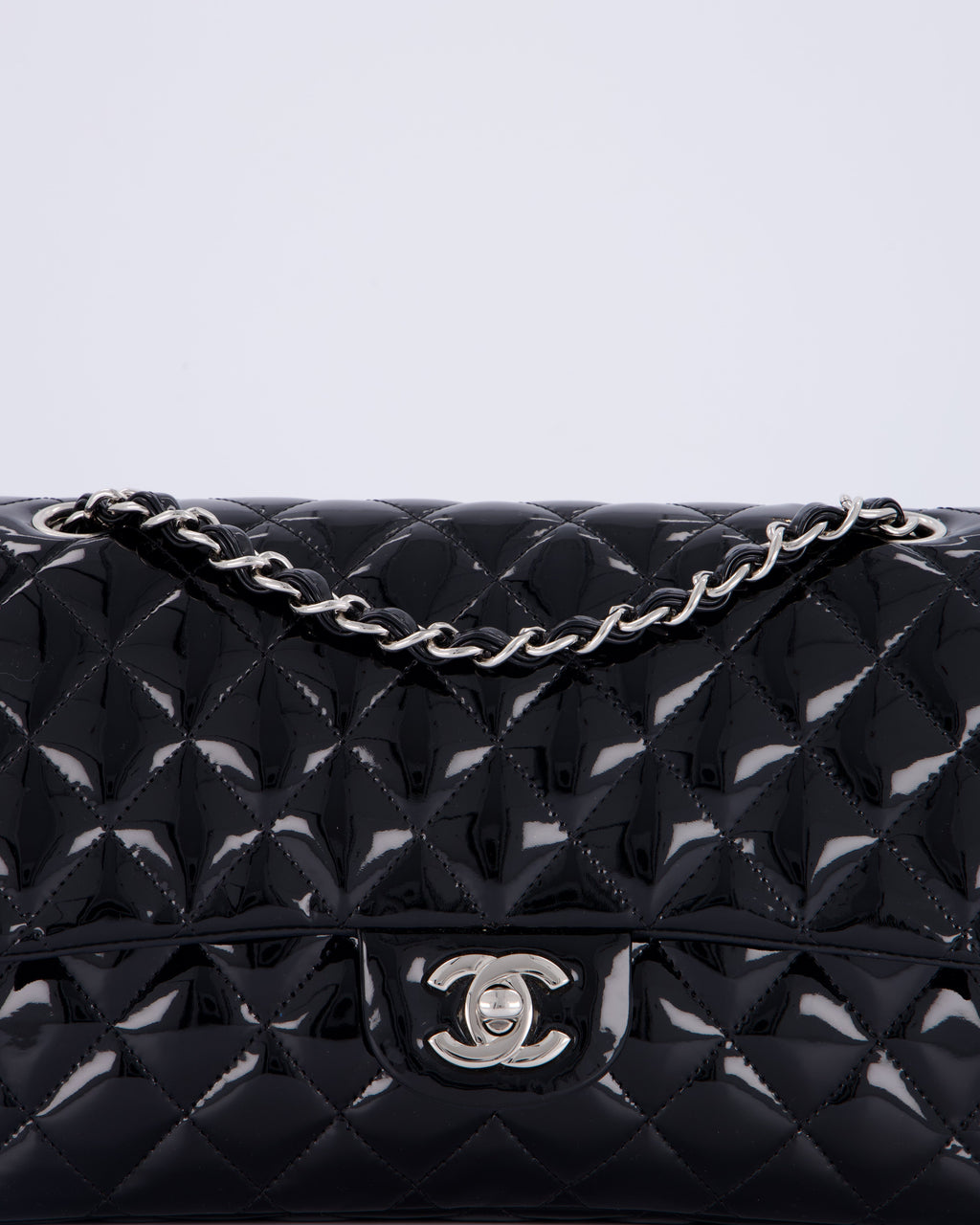 Chanel Medium Double Flap Bag in Black Patent Leather with Silver Hardware