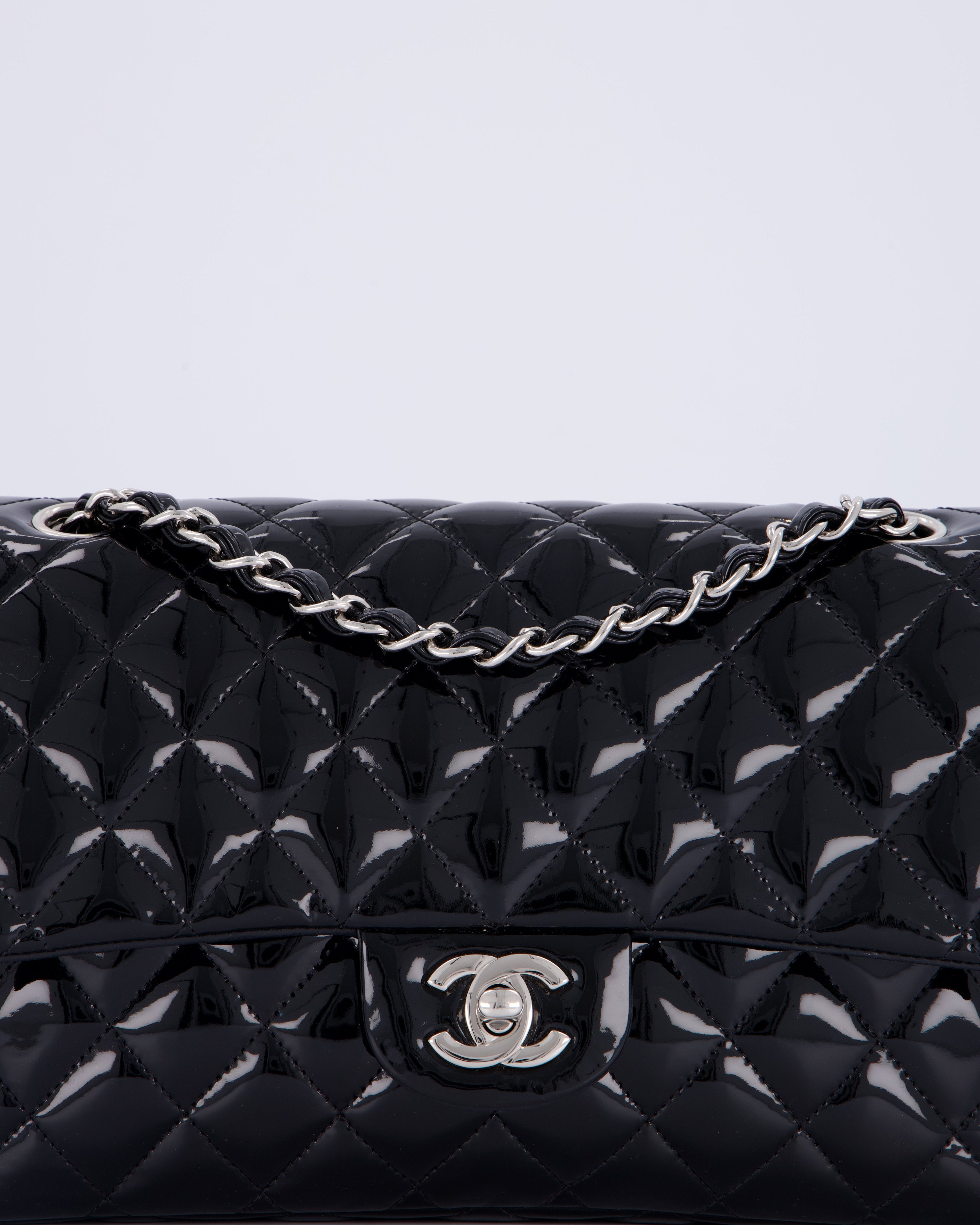 Chanel Medium Double Flap Bag in Black Patent Leather with Silver Hardware
