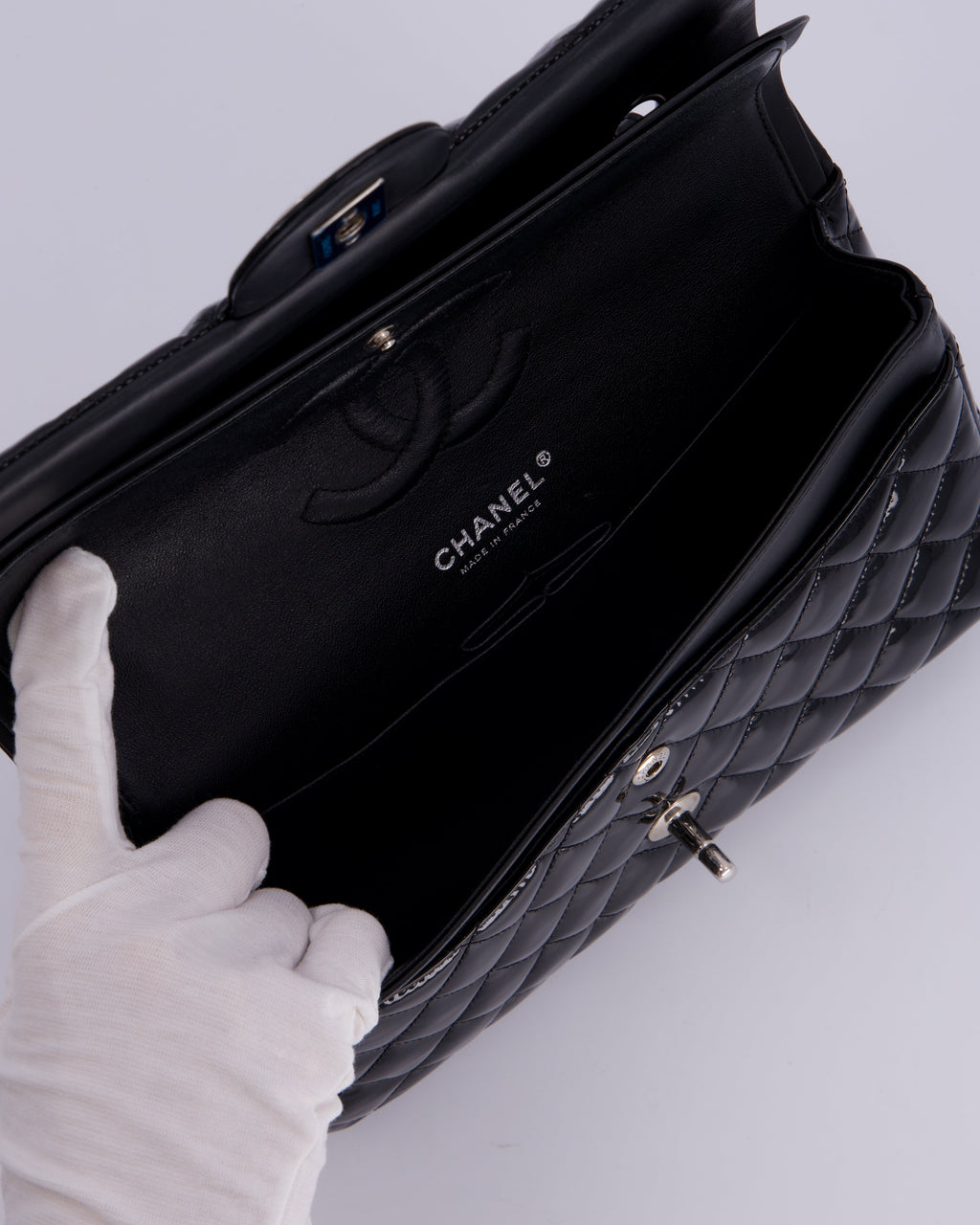 Chanel Medium Double Flap Bag in Black Patent Leather with Silver Hardware