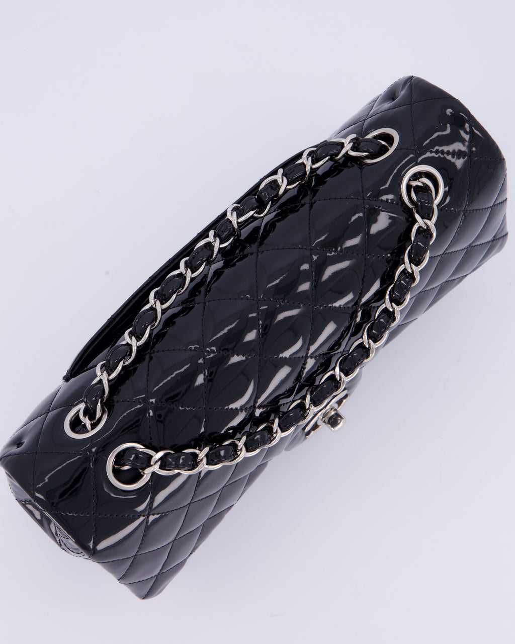 Chanel Medium Double Flap Bag in Black Patent Leather with Silver Hardware
