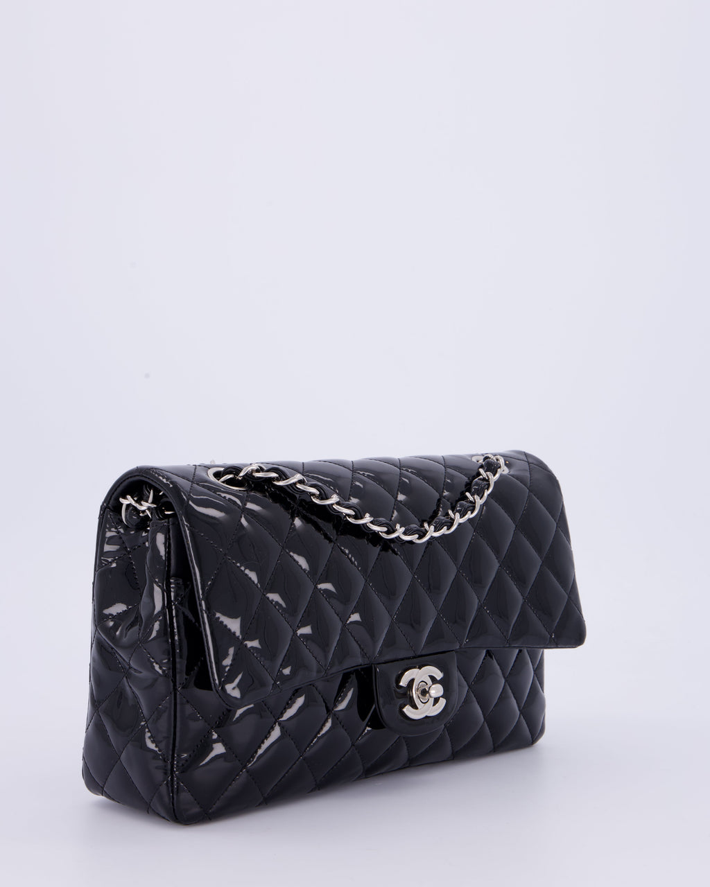 Chanel Medium Double Flap Bag in Black Patent Leather with Silver Hardware