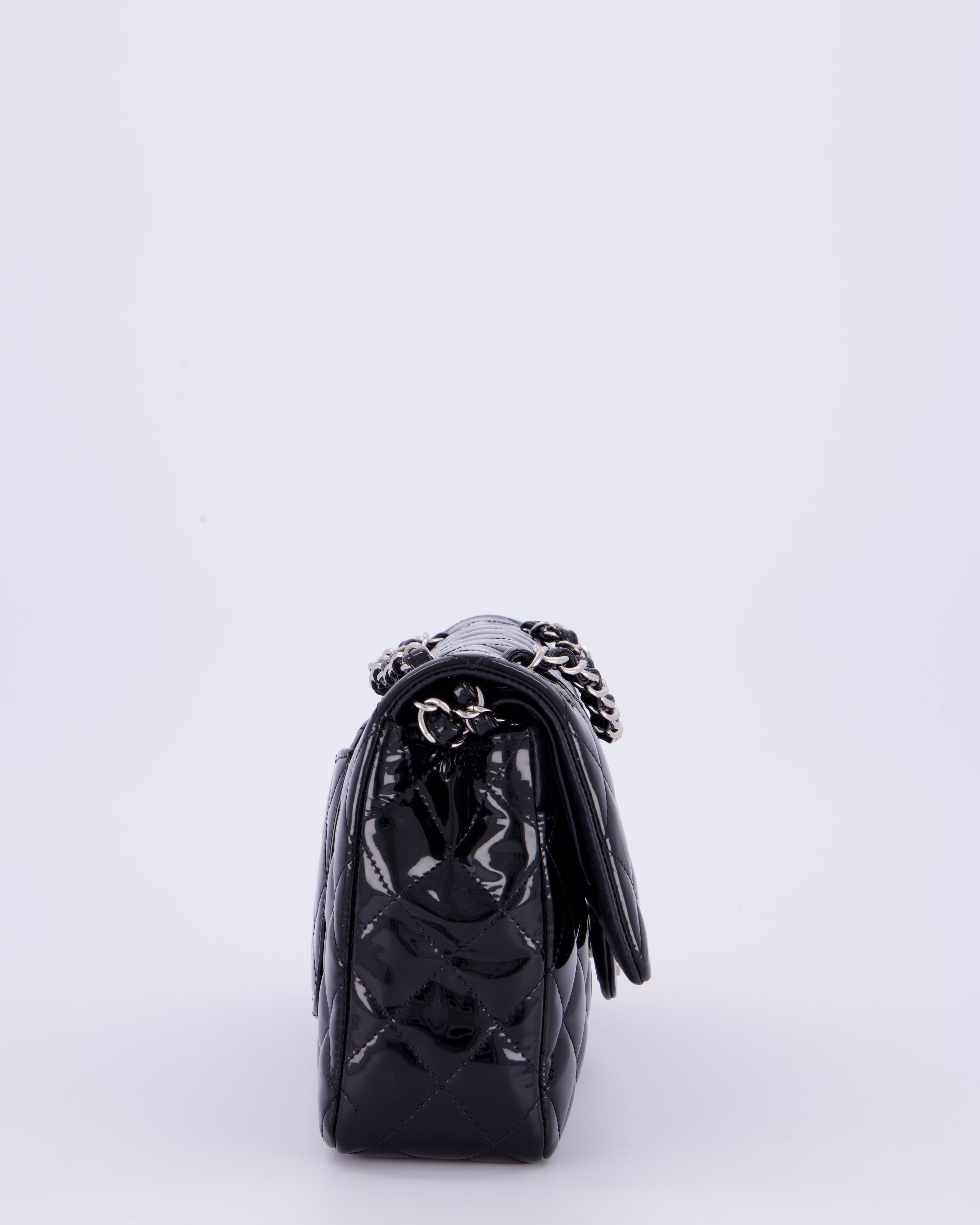 Chanel Medium Double Flap Bag in Black Patent Leather with Silver Hardware