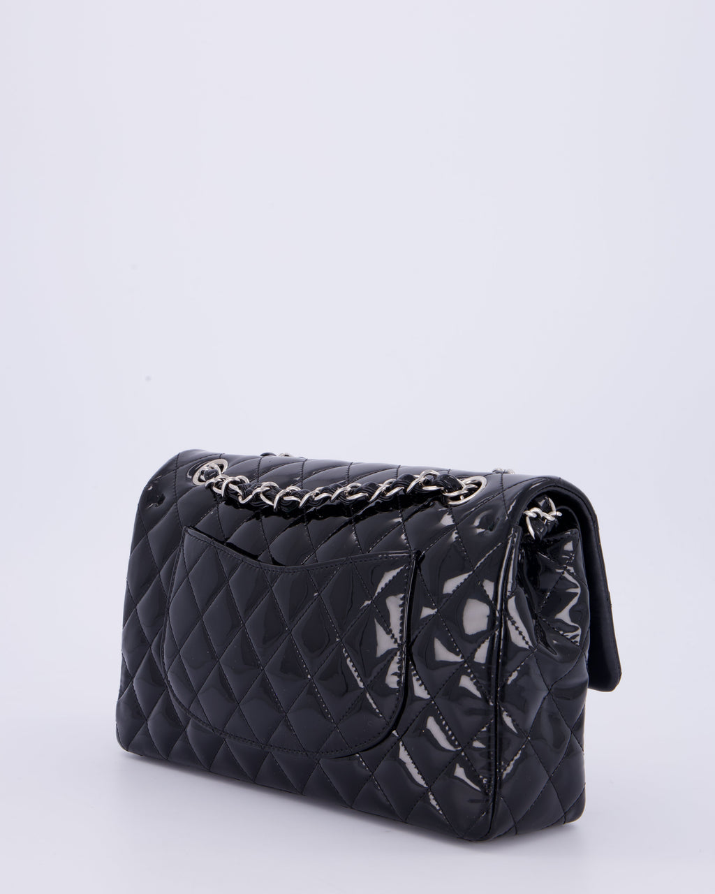 Chanel Medium Double Flap Bag in Black Patent Leather with Silver Hardware
