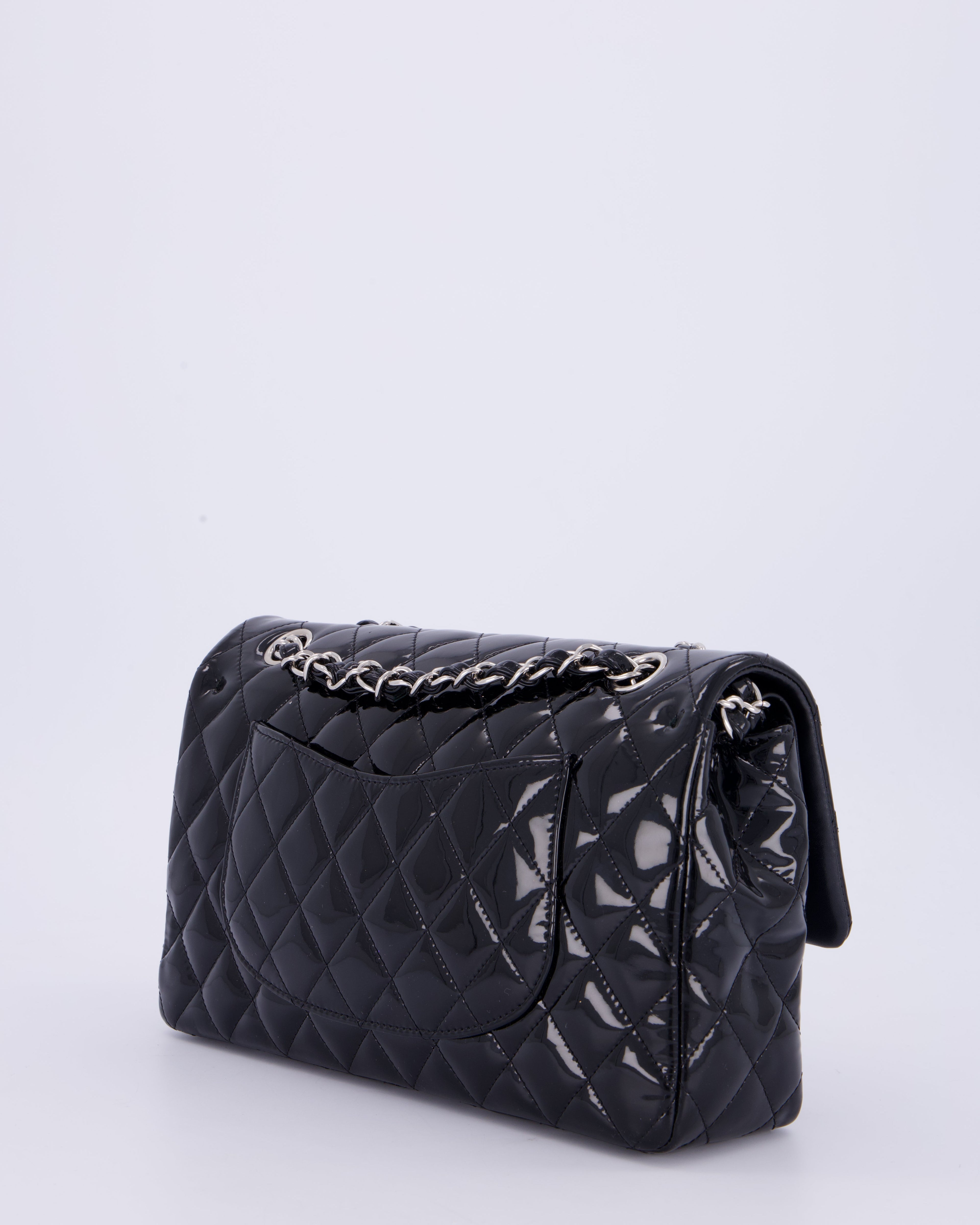 Chanel Medium Double Flap Bag in Black Patent Leather with Silver Hardware