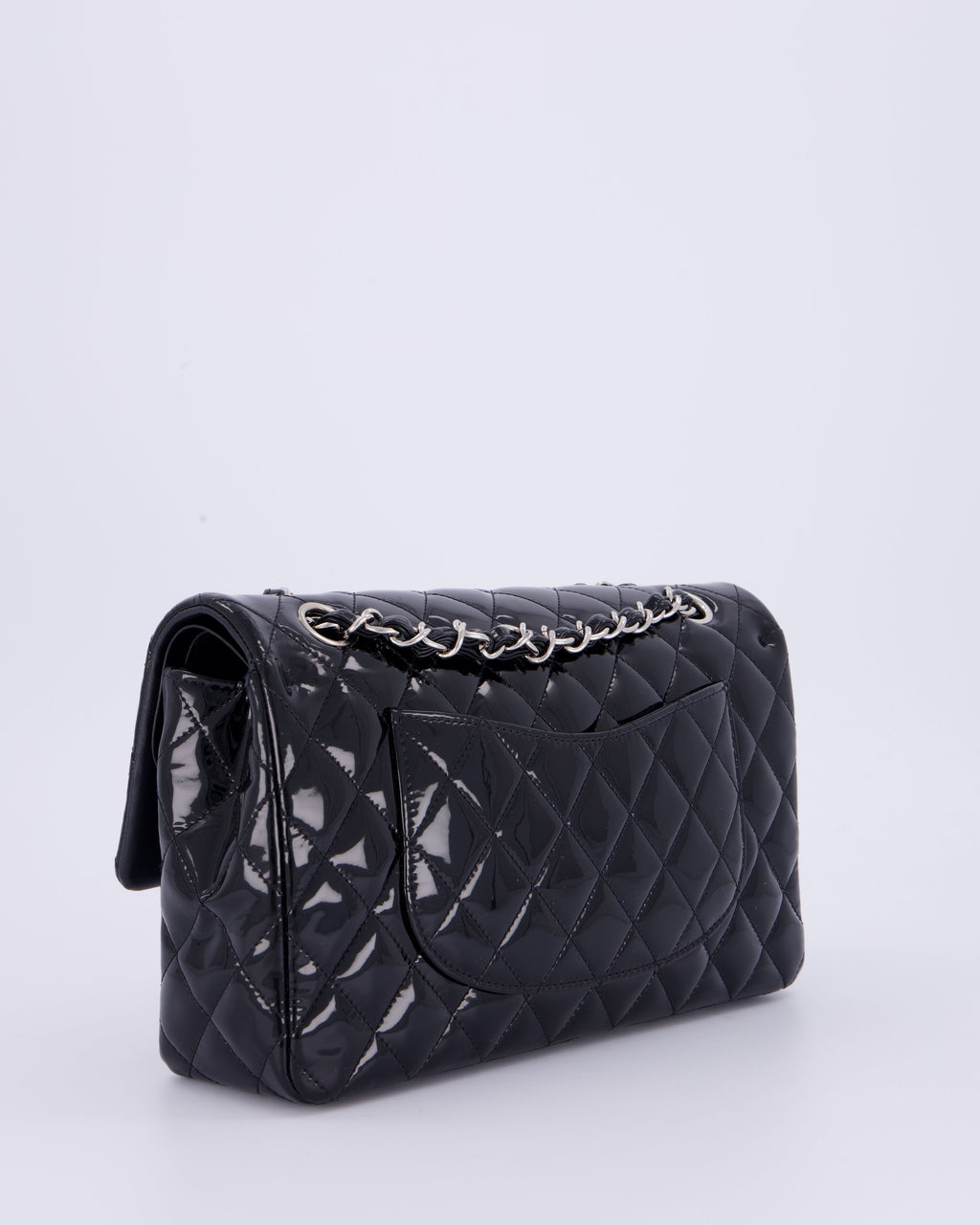 Chanel Medium Double Flap Bag in Black Patent Leather with Silver Hardware