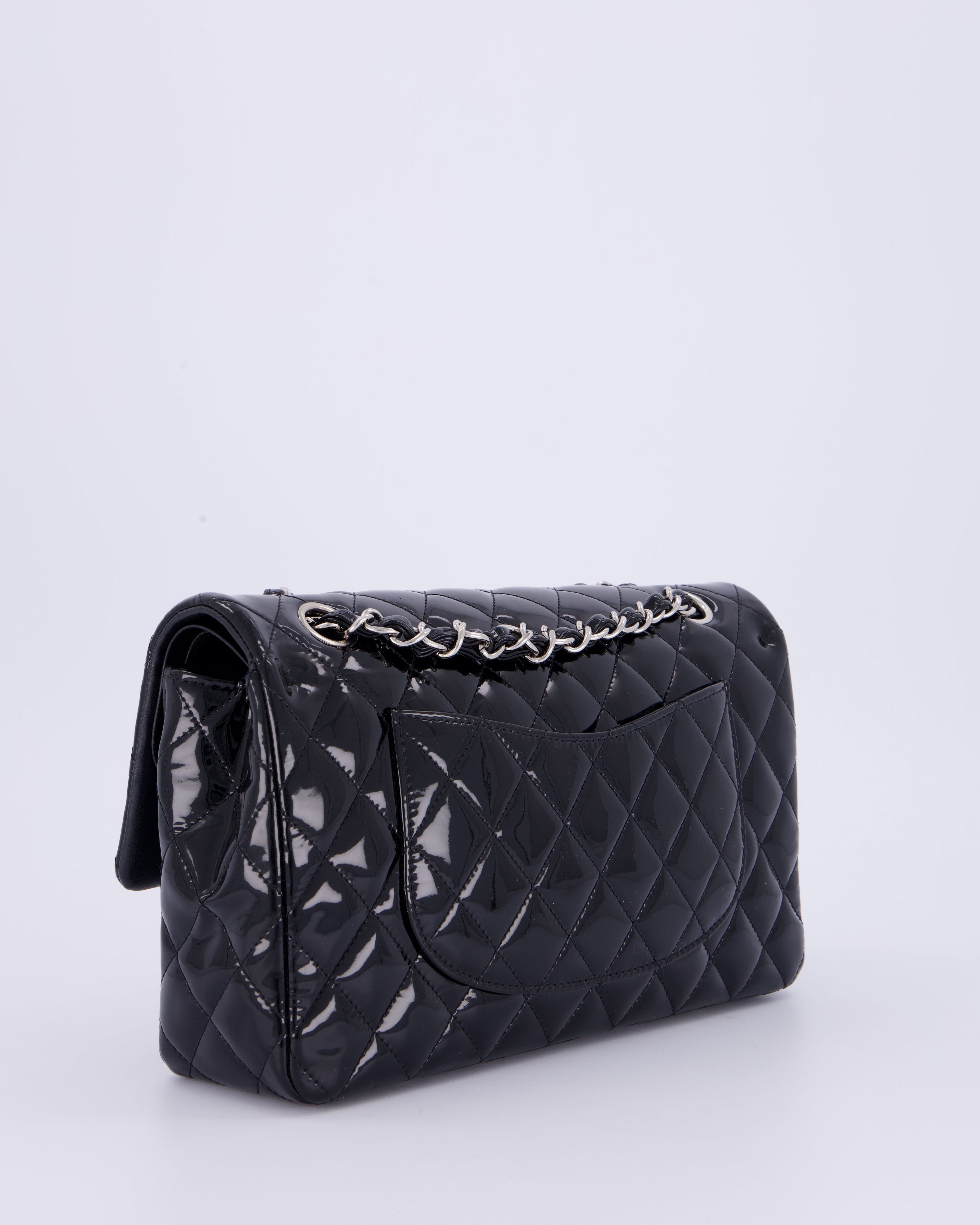 Chanel Medium Double Flap Bag in Black Patent Leather with Silver Hardware
