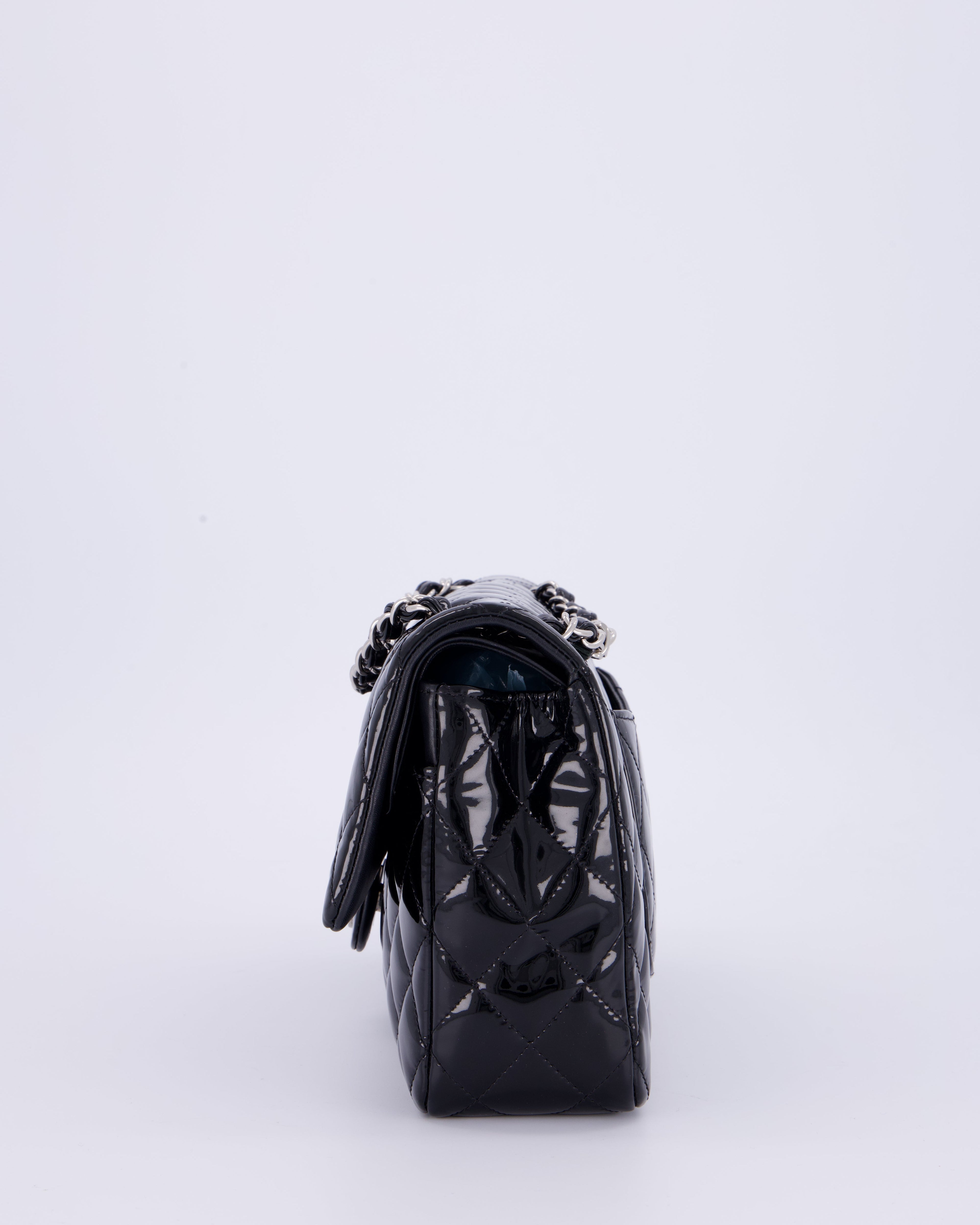 Chanel Medium Double Flap Bag in Black Patent Leather with Silver Hardware