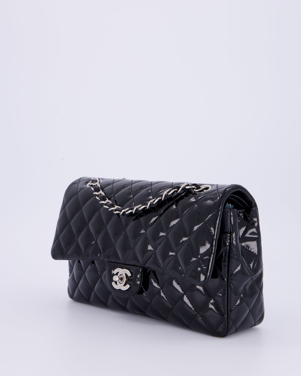 Chanel Medium Double Flap Bag in Black Patent Leather with Silver Hardware