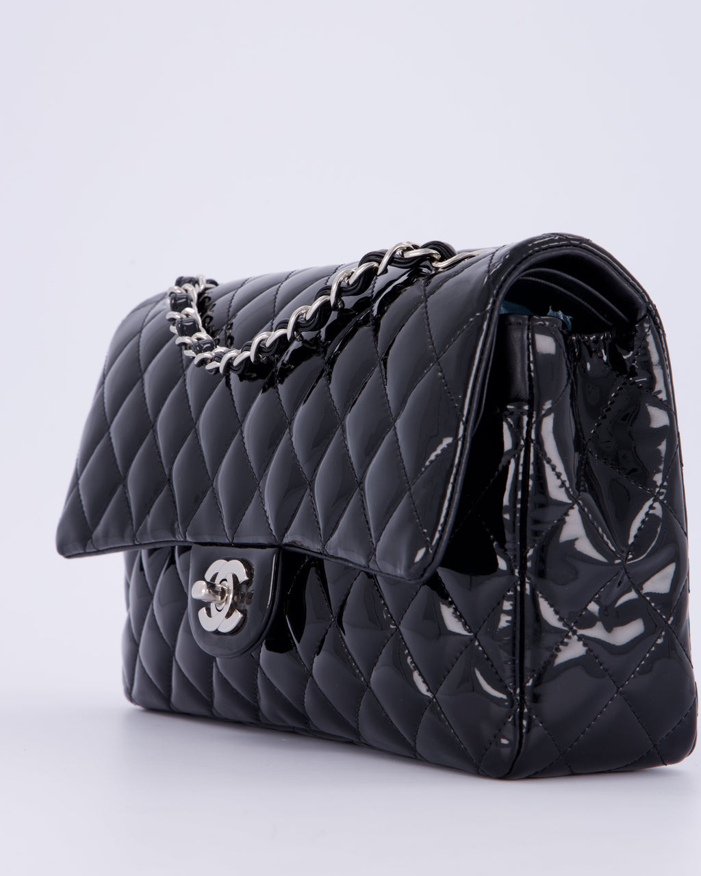 Chanel Medium Double Flap Bag in Black Patent Leather with Silver Hardware