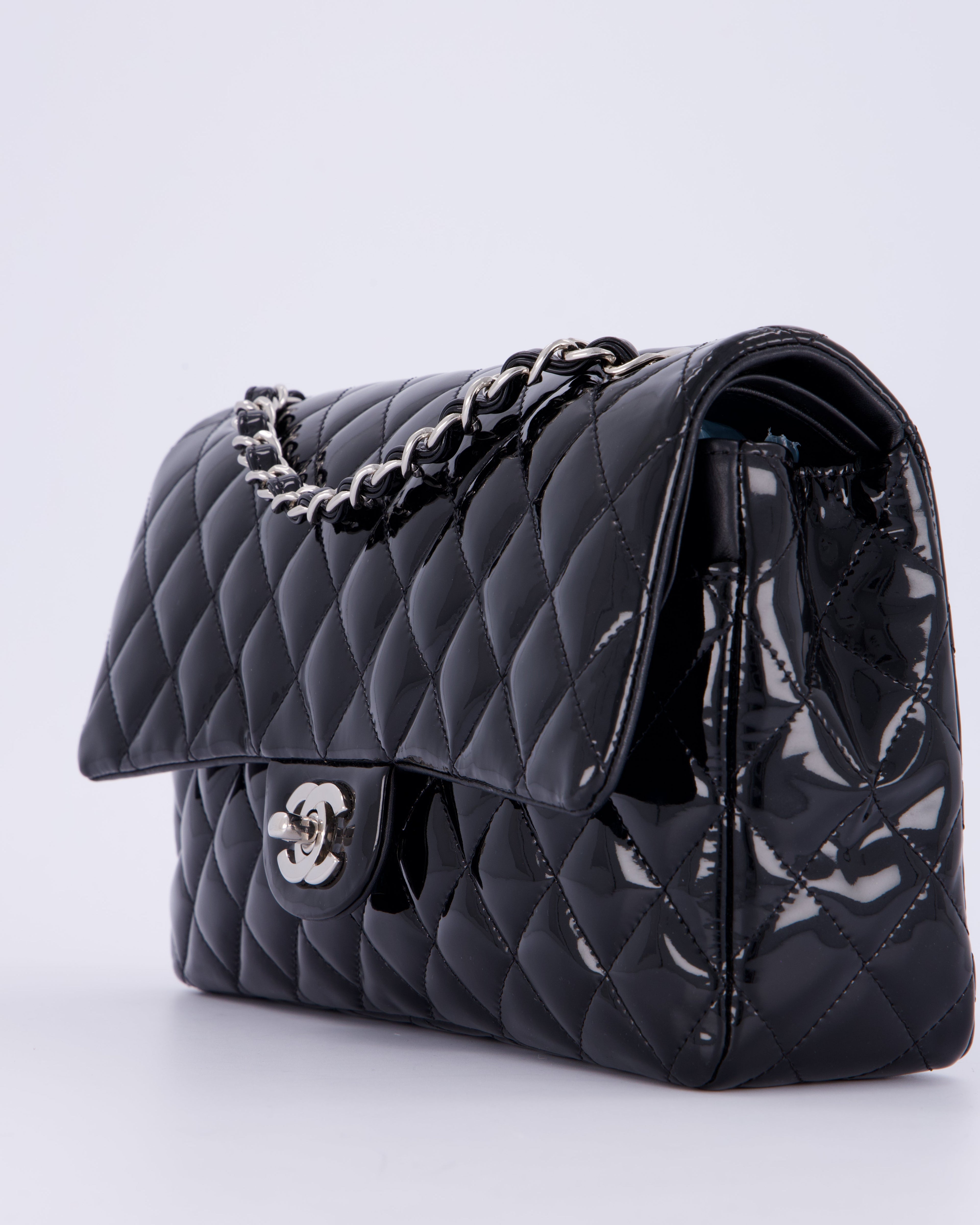 Chanel Medium Double Flap Bag in Black Patent Leather with Silver Hardware