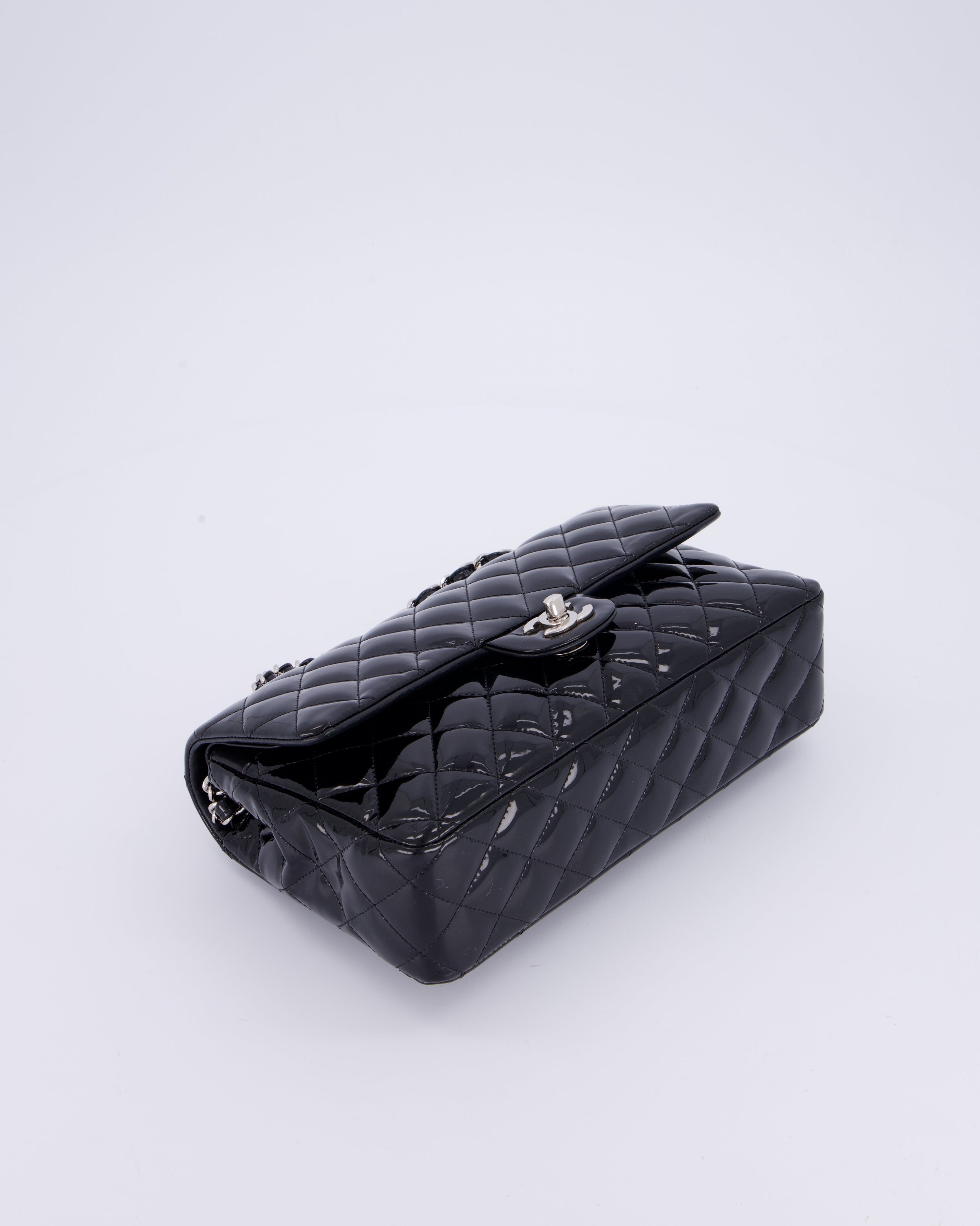 Chanel Medium Double Flap Bag in Black Patent Leather with Silver Hardware