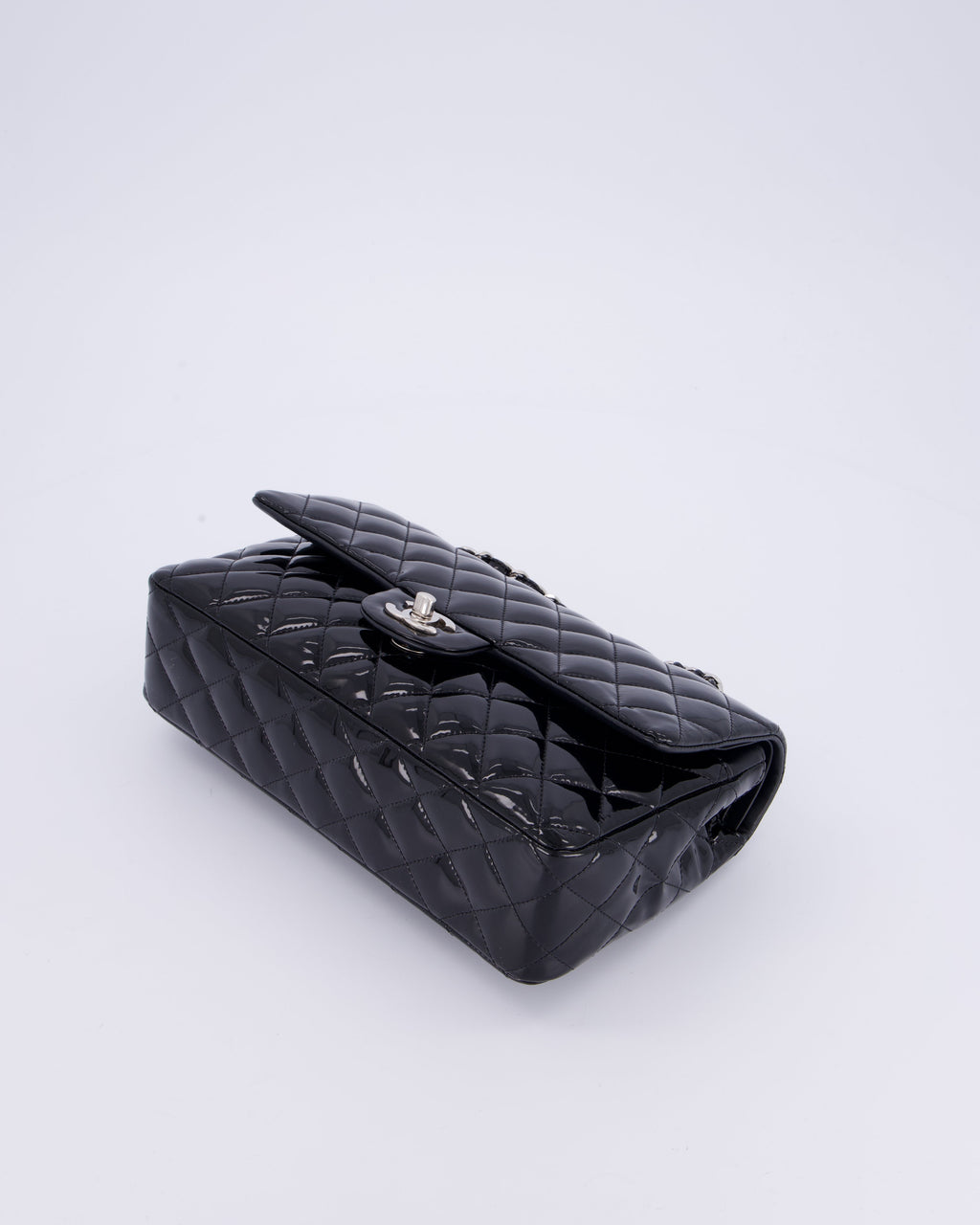 Chanel Medium Double Flap Bag in Black Patent Leather with Silver Hardware