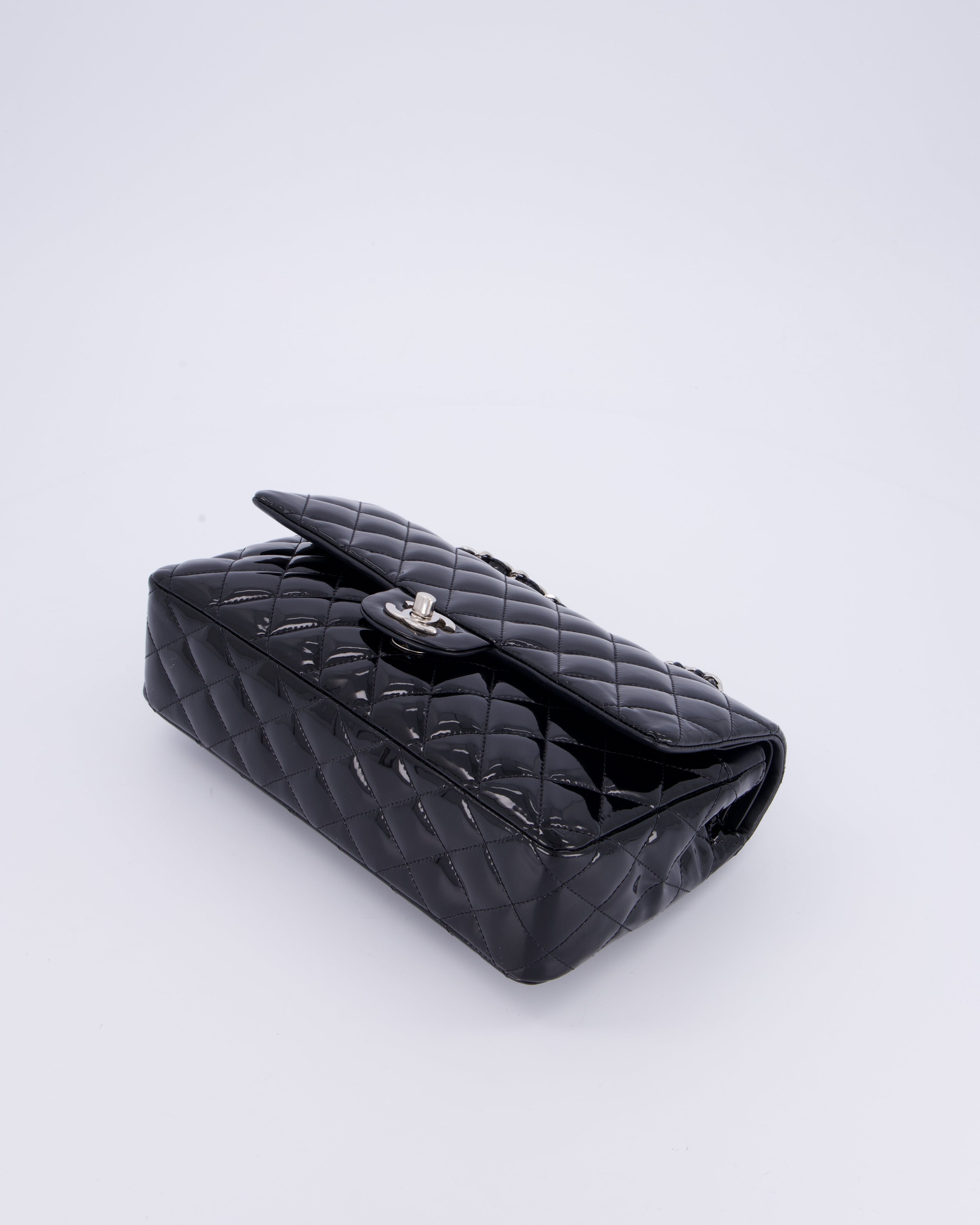Chanel Medium Double Flap Bag in Black Patent Leather with Silver Hardware