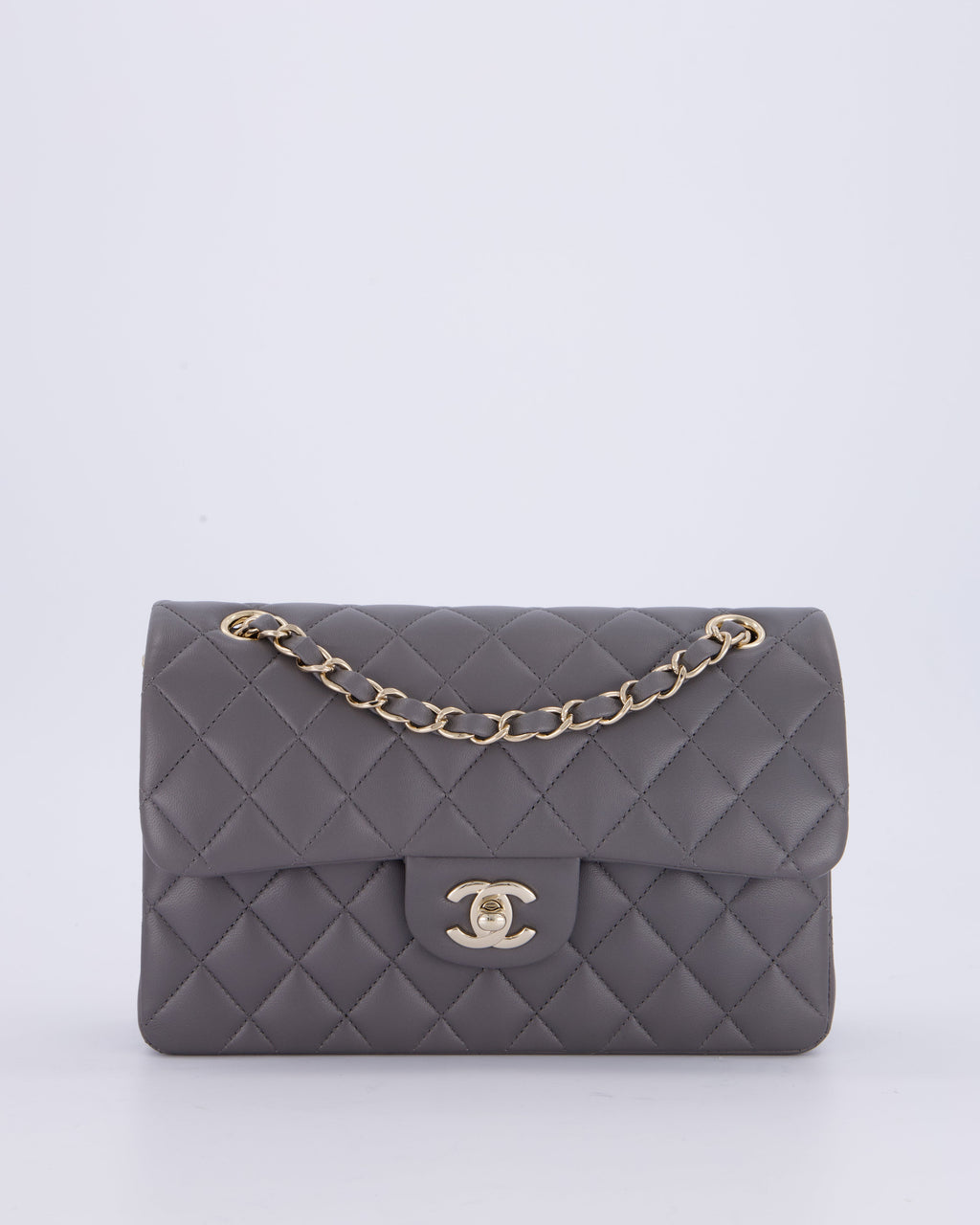 Chanel Dark Grey Small Classic Double Flap Bag in Lambskin Leather with Champagne Gold Hardware
