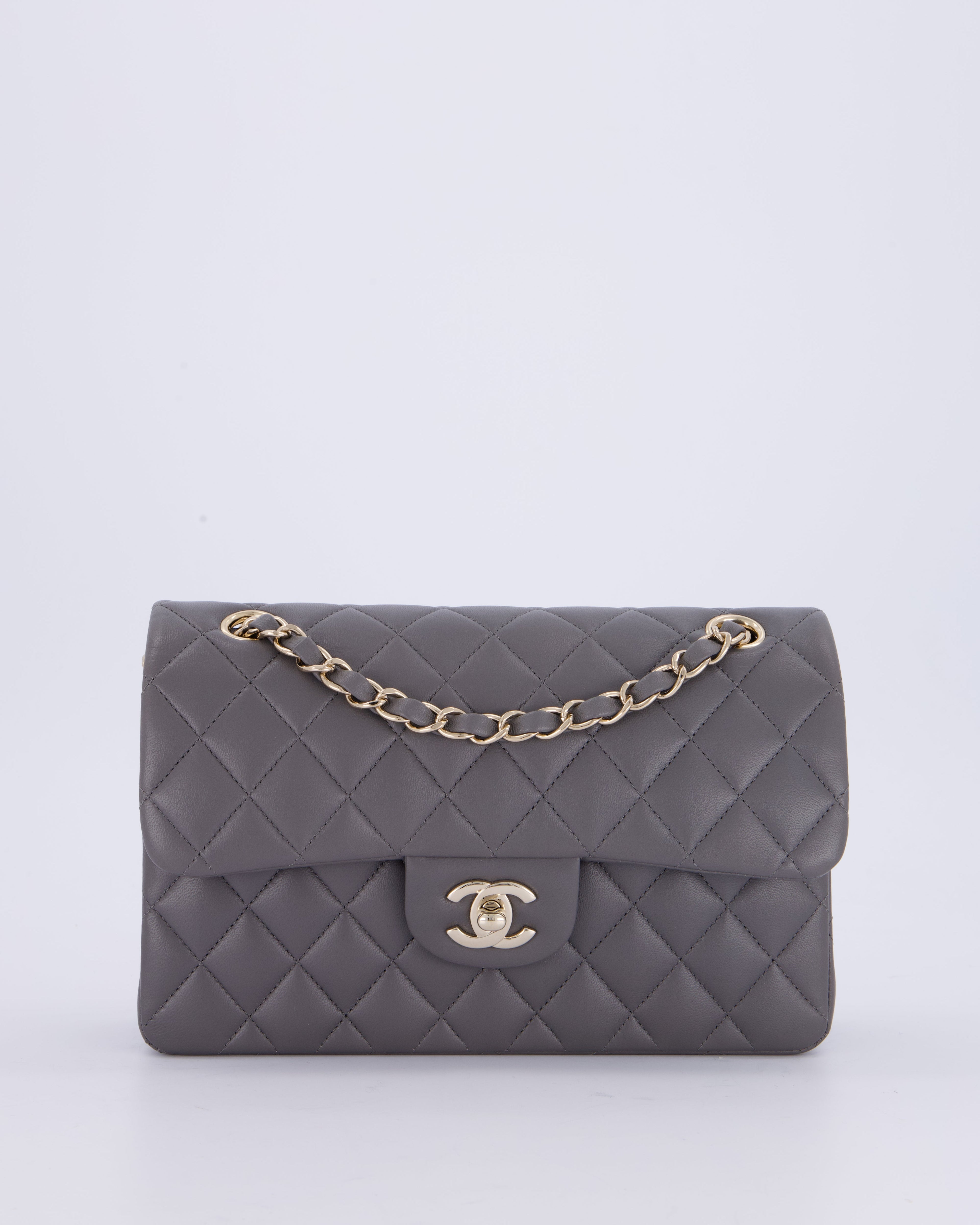 Chanel Dark Grey Small Classic Double Flap Bag in Lambskin Leather with Champagne Gold Hardware