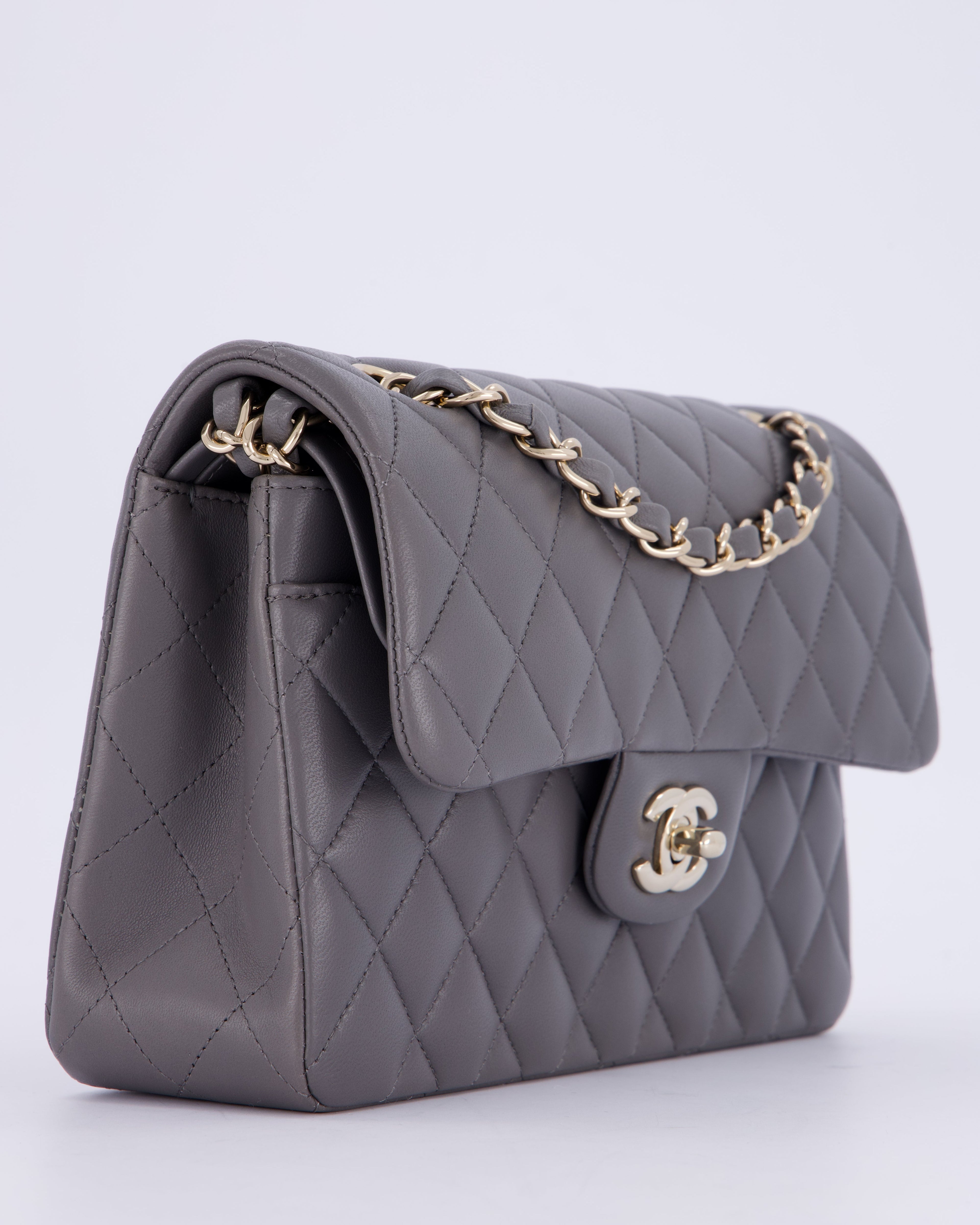 Chanel Dark Grey Small Classic Double Flap Bag in Lambskin Leather with Champagne Gold Hardware