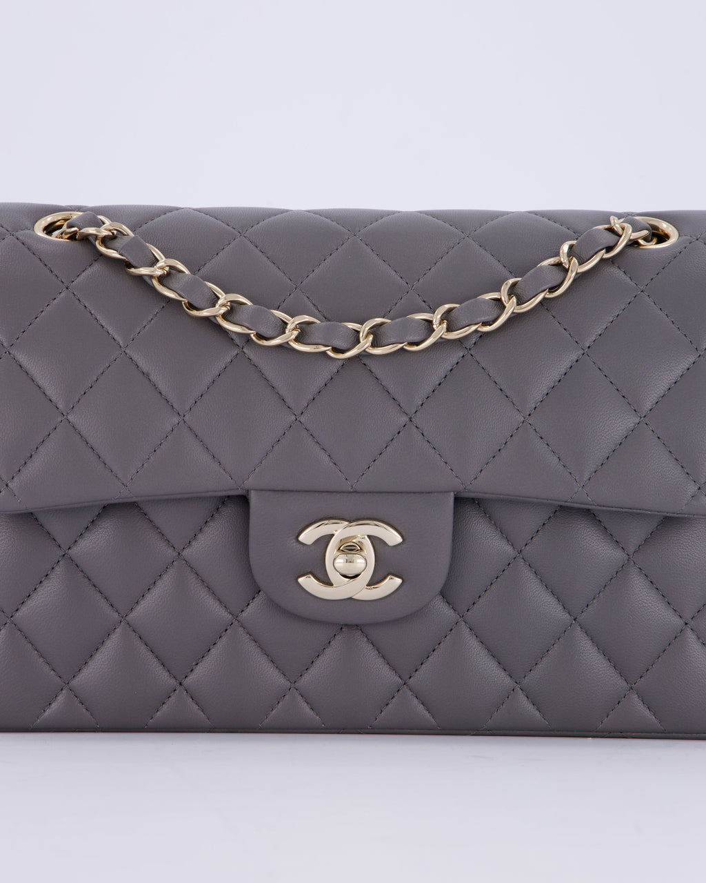 Chanel Dark Grey Small Classic Double Flap Bag in Lambskin Leather with Champagne Gold Hardware