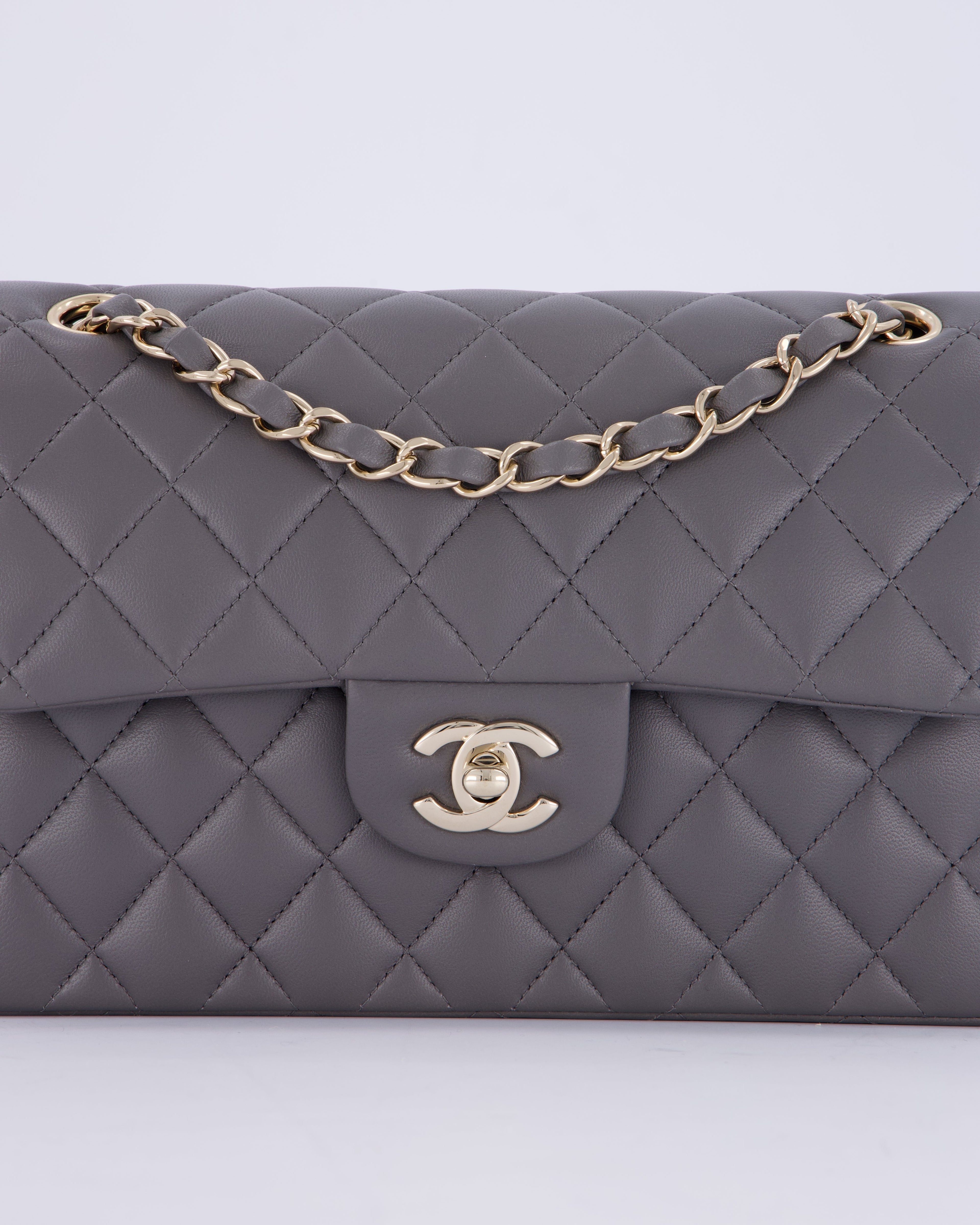 Chanel Dark Grey Small Classic Double Flap Bag in Lambskin Leather with Champagne Gold Hardware
