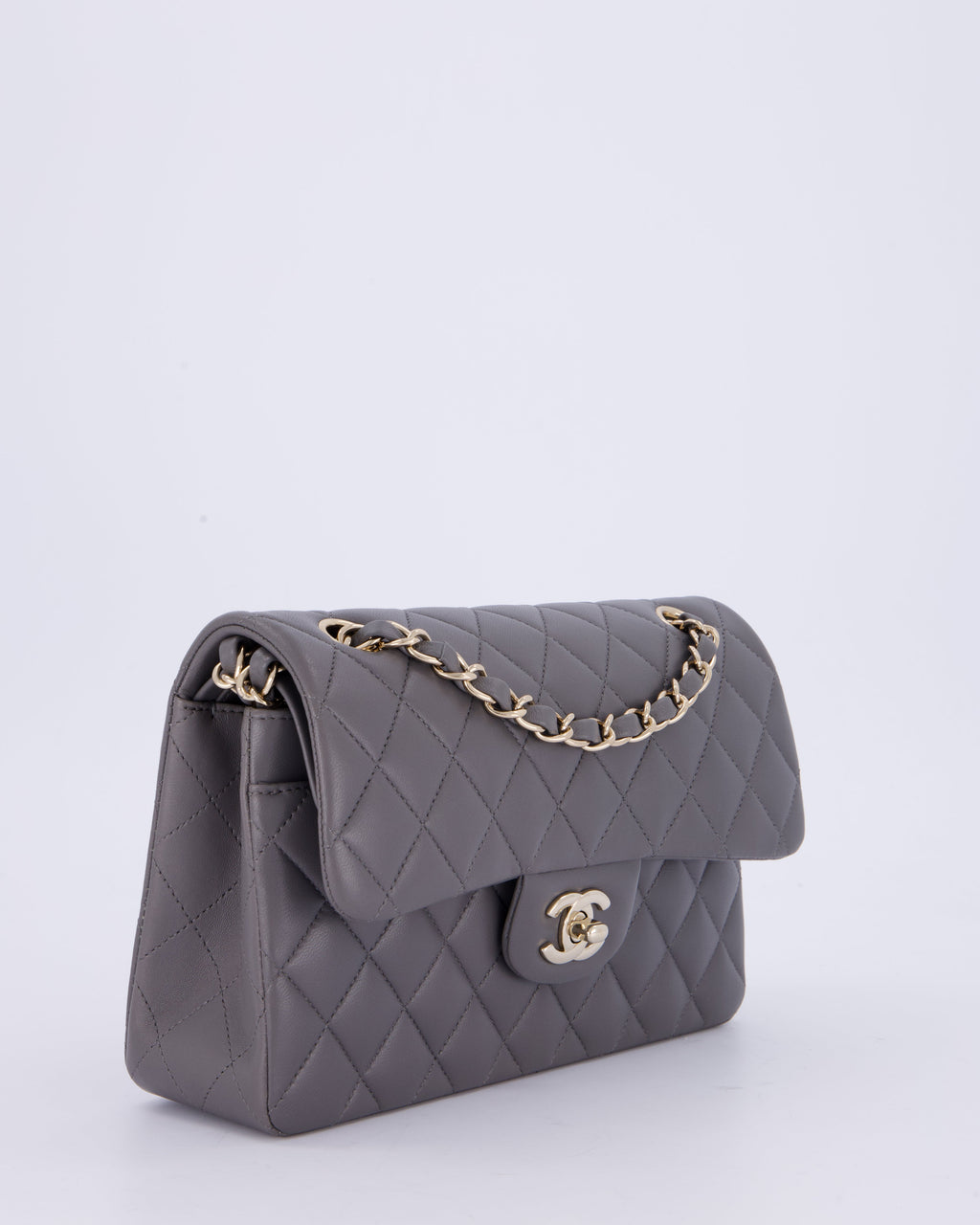Chanel Dark Grey Small Classic Double Flap Bag in Lambskin Leather with Champagne Gold Hardware