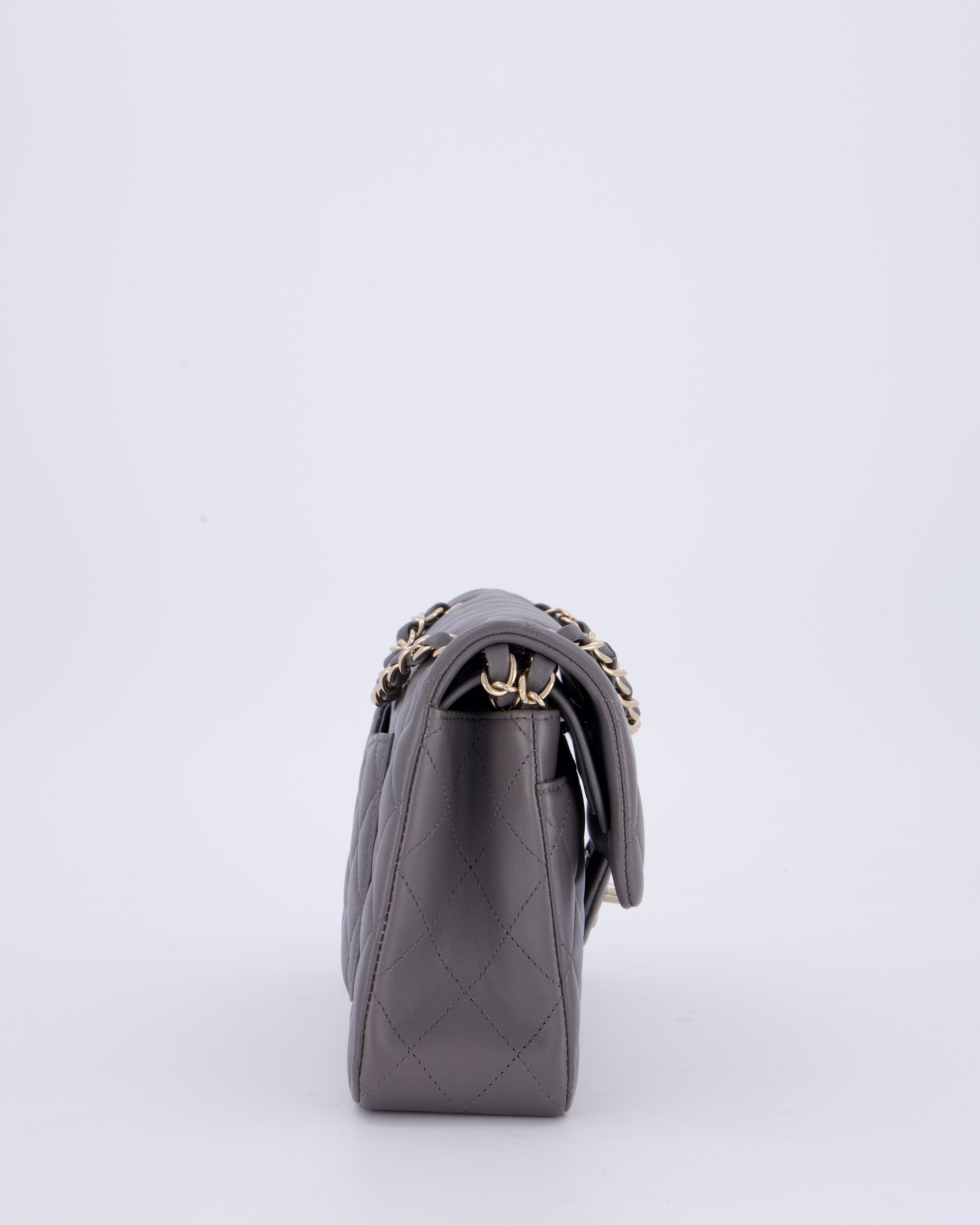 Chanel Dark Grey Small Classic Double Flap Bag in Lambskin Leather with Champagne Gold Hardware