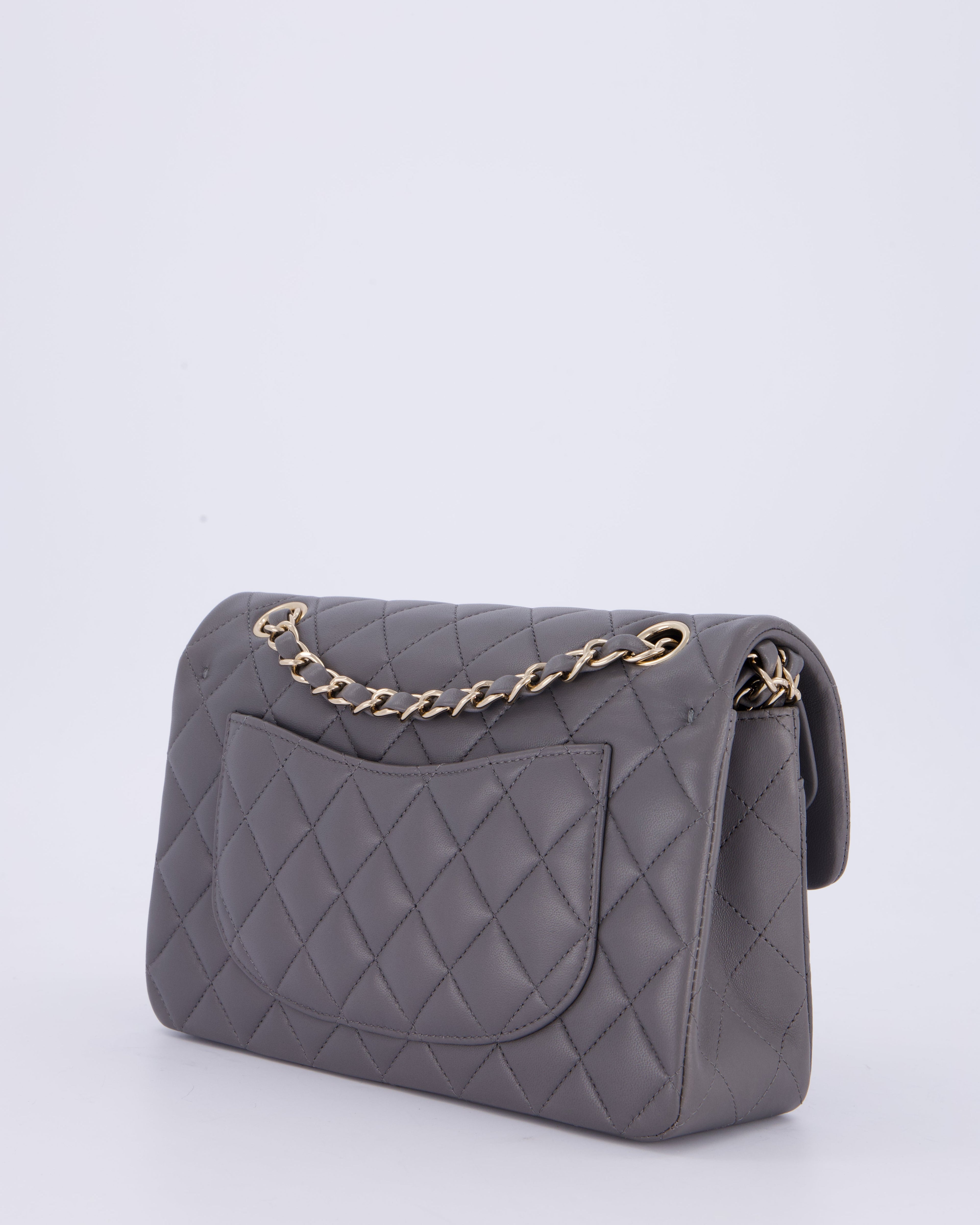 Chanel Dark Grey Small Classic Double Flap Bag in Lambskin Leather with Champagne Gold Hardware