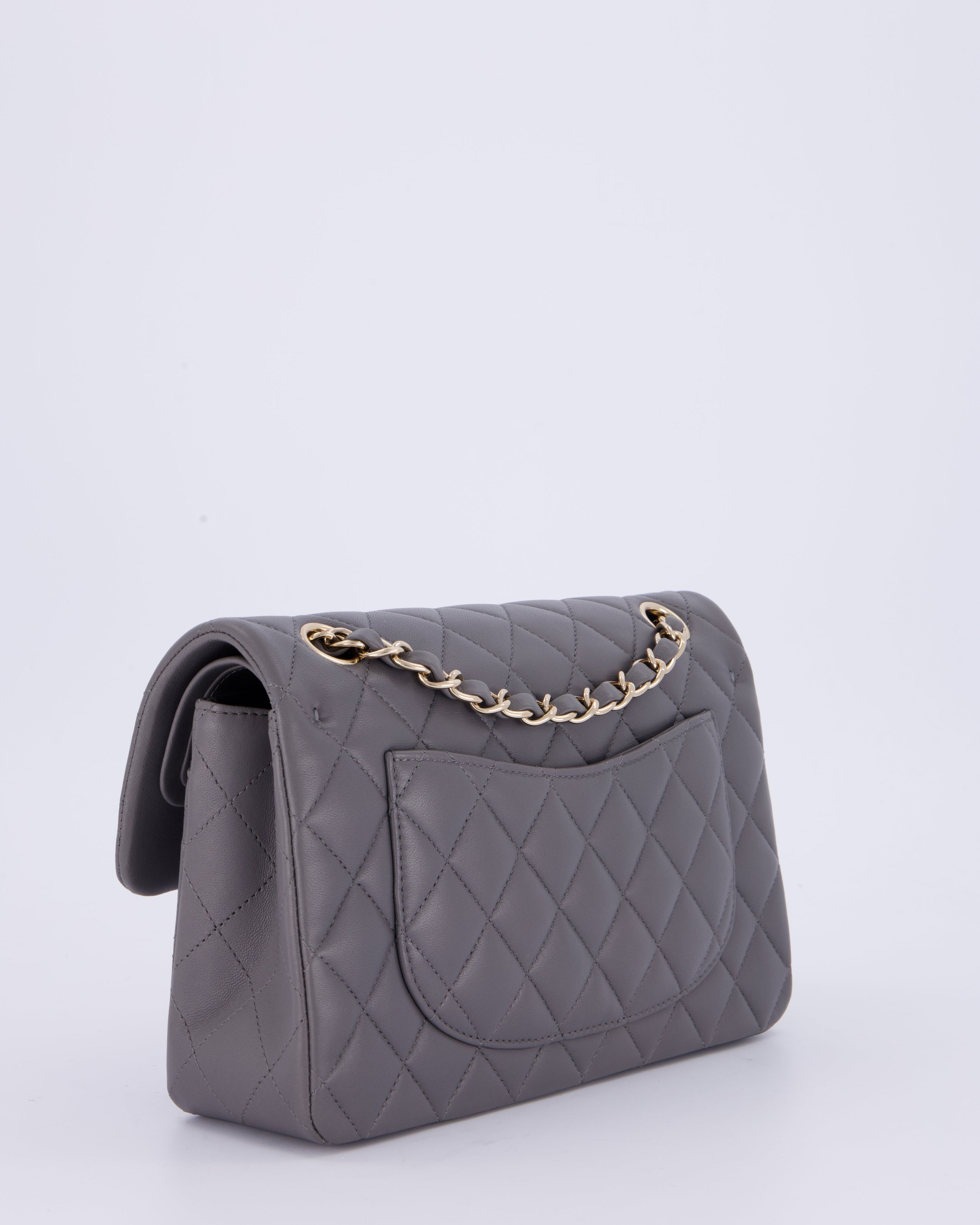Chanel Dark Grey Small Classic Double Flap Bag in Lambskin Leather with Champagne Gold Hardware