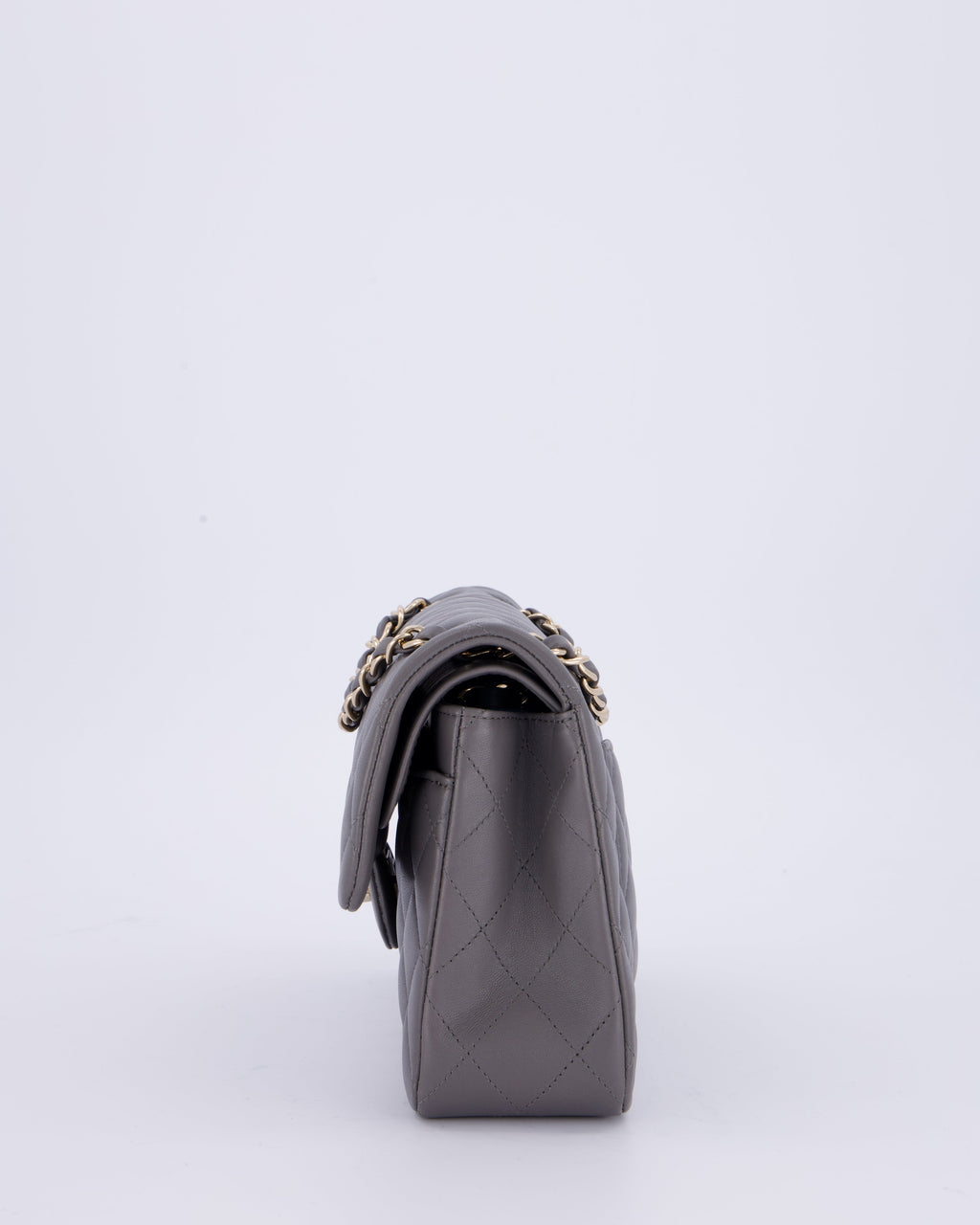 Chanel Dark Grey Small Classic Double Flap Bag in Lambskin Leather with Champagne Gold Hardware