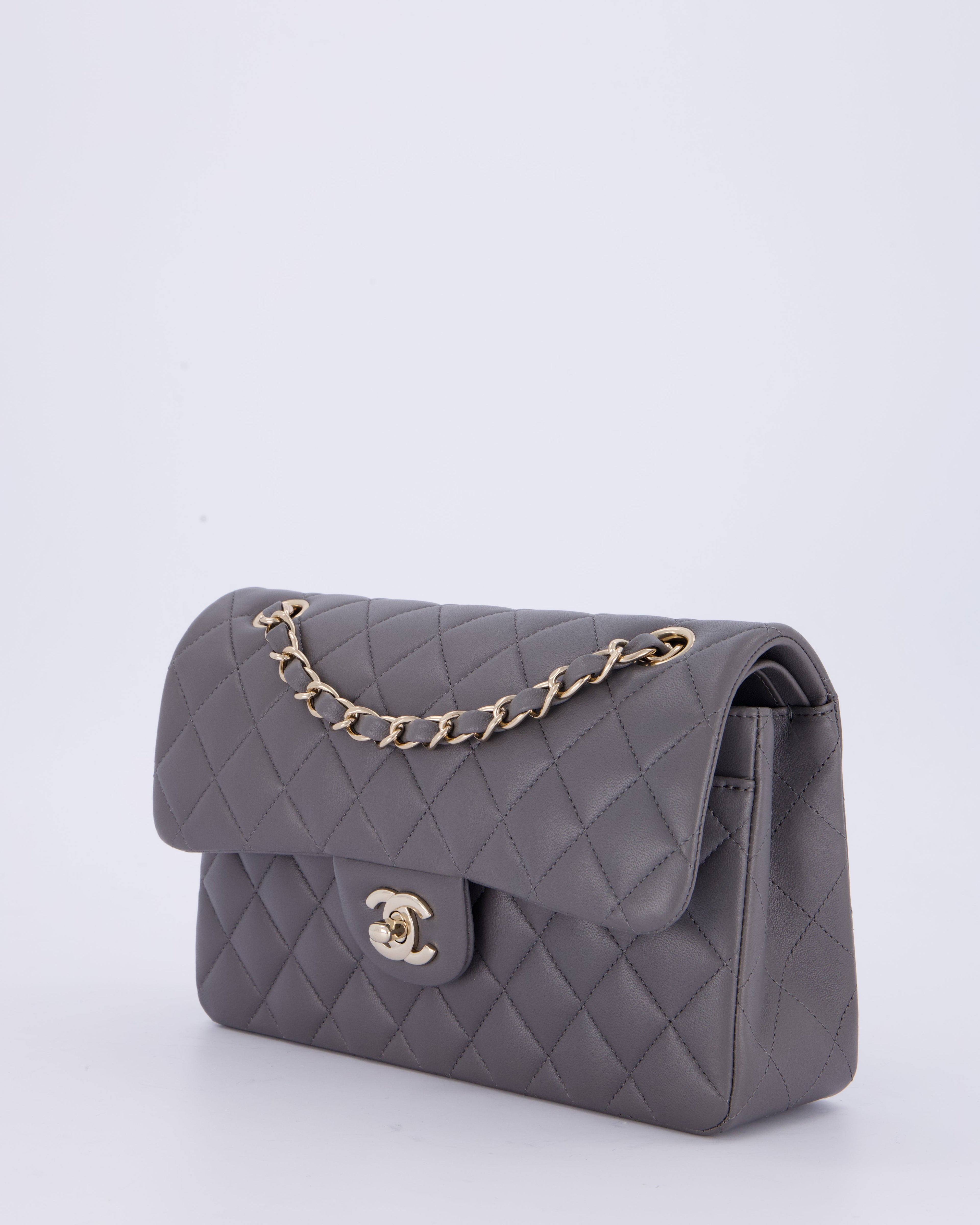 Chanel Dark Grey Small Classic Double Flap Bag in Lambskin Leather with Champagne Gold Hardware