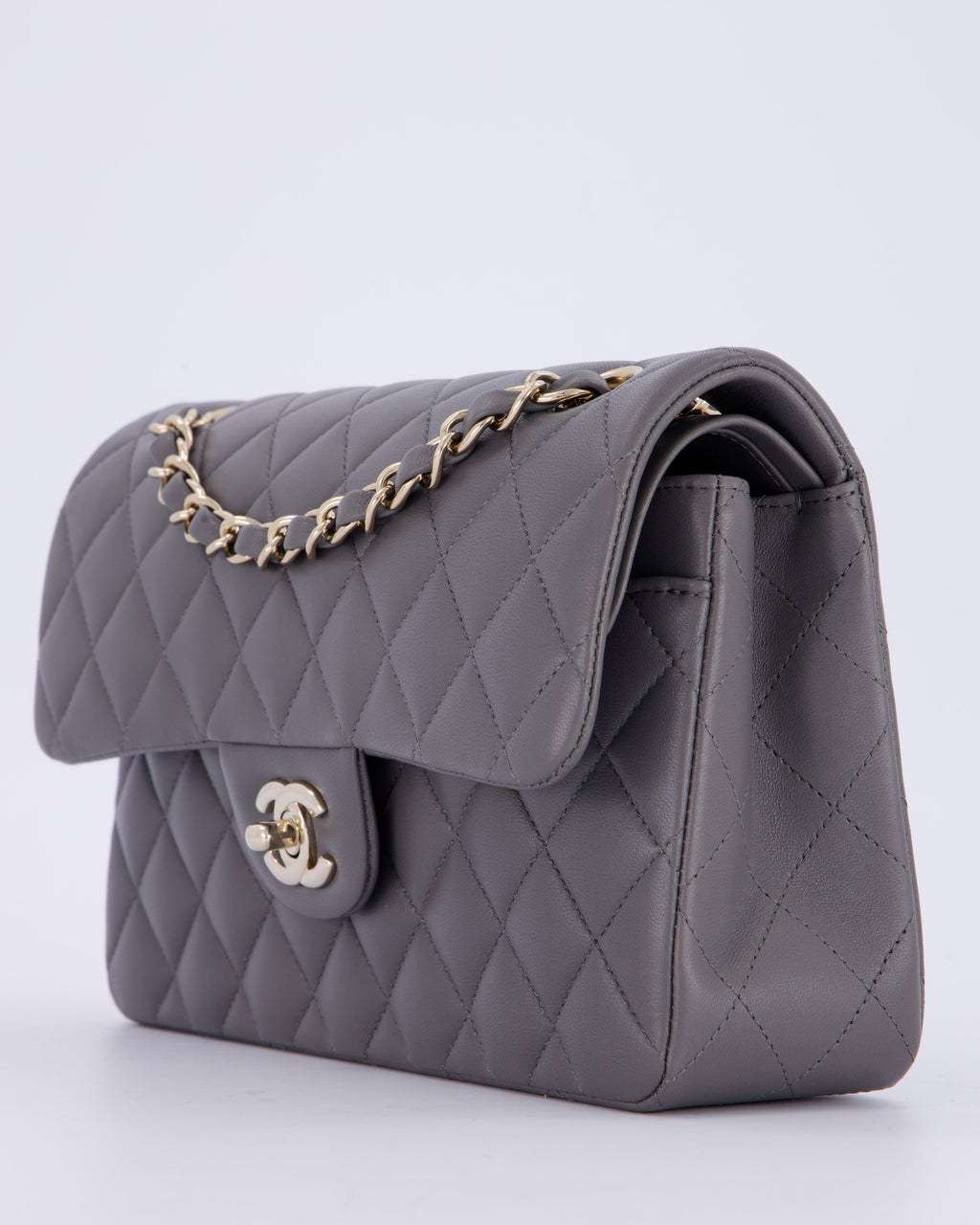 Chanel Dark Grey Small Classic Double Flap Bag in Lambskin Leather with Champagne Gold Hardware