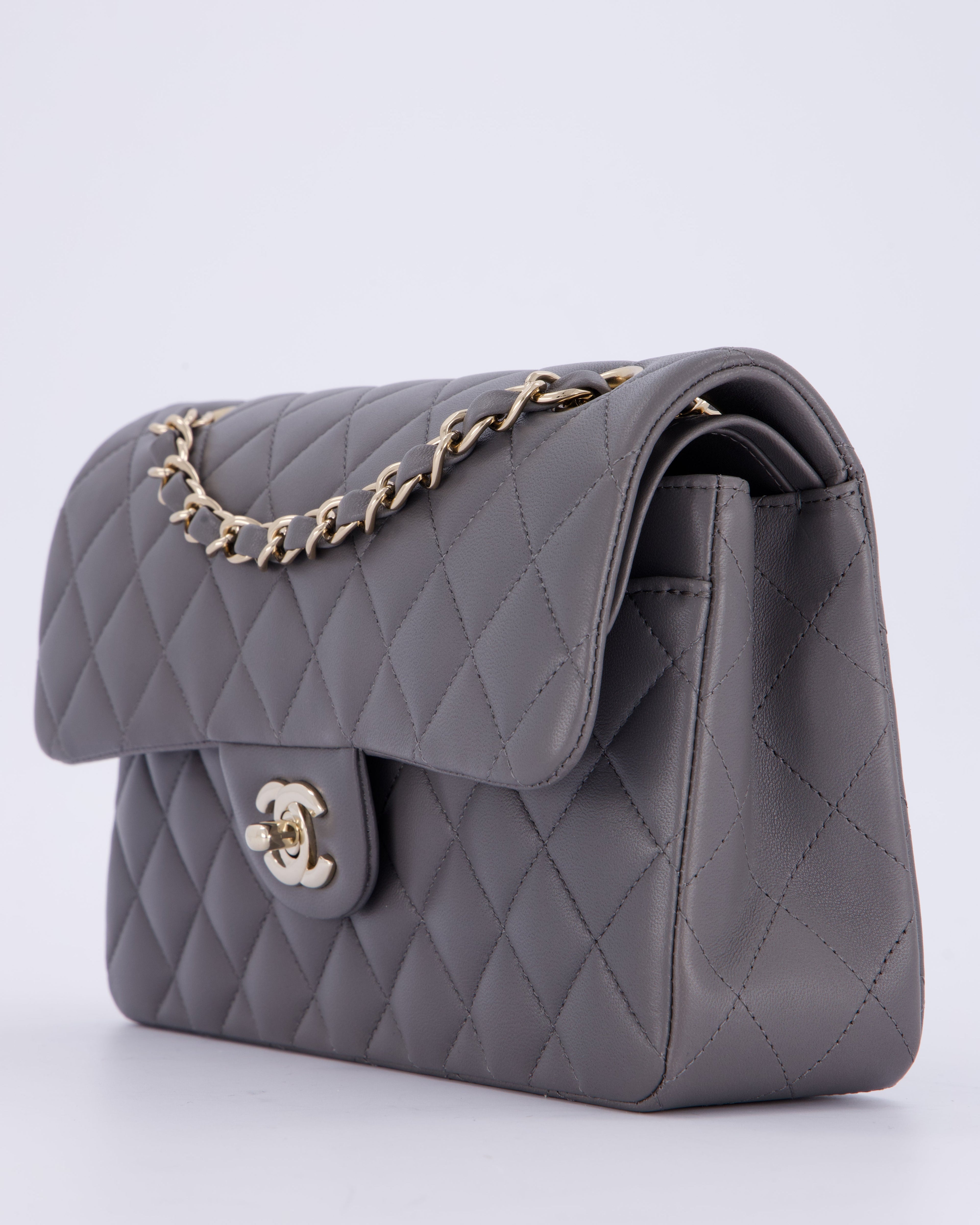 Chanel Dark Grey Small Classic Double Flap Bag in Lambskin Leather with Champagne Gold Hardware