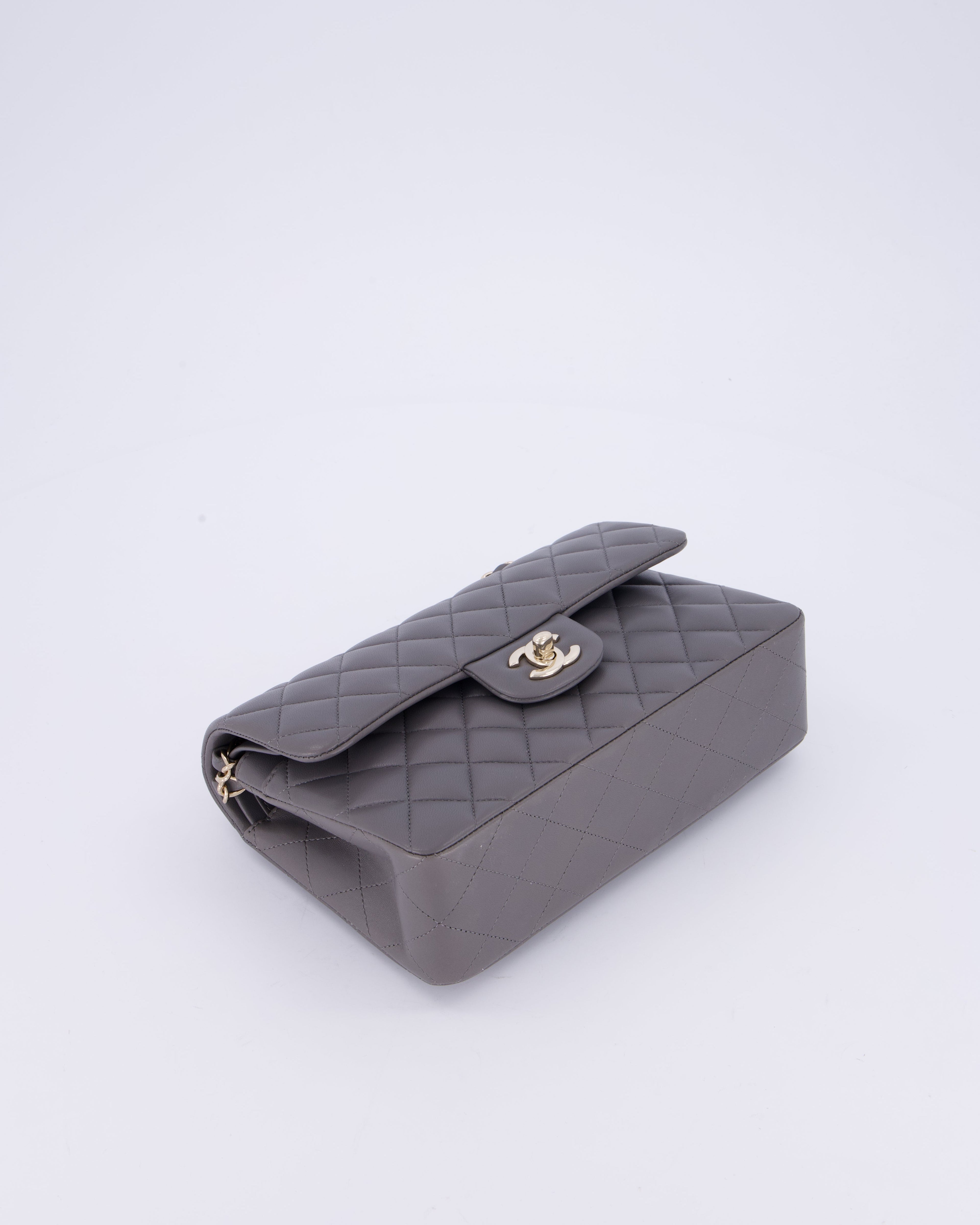 Chanel Dark Grey Small Classic Double Flap Bag in Lambskin Leather with Champagne Gold Hardware