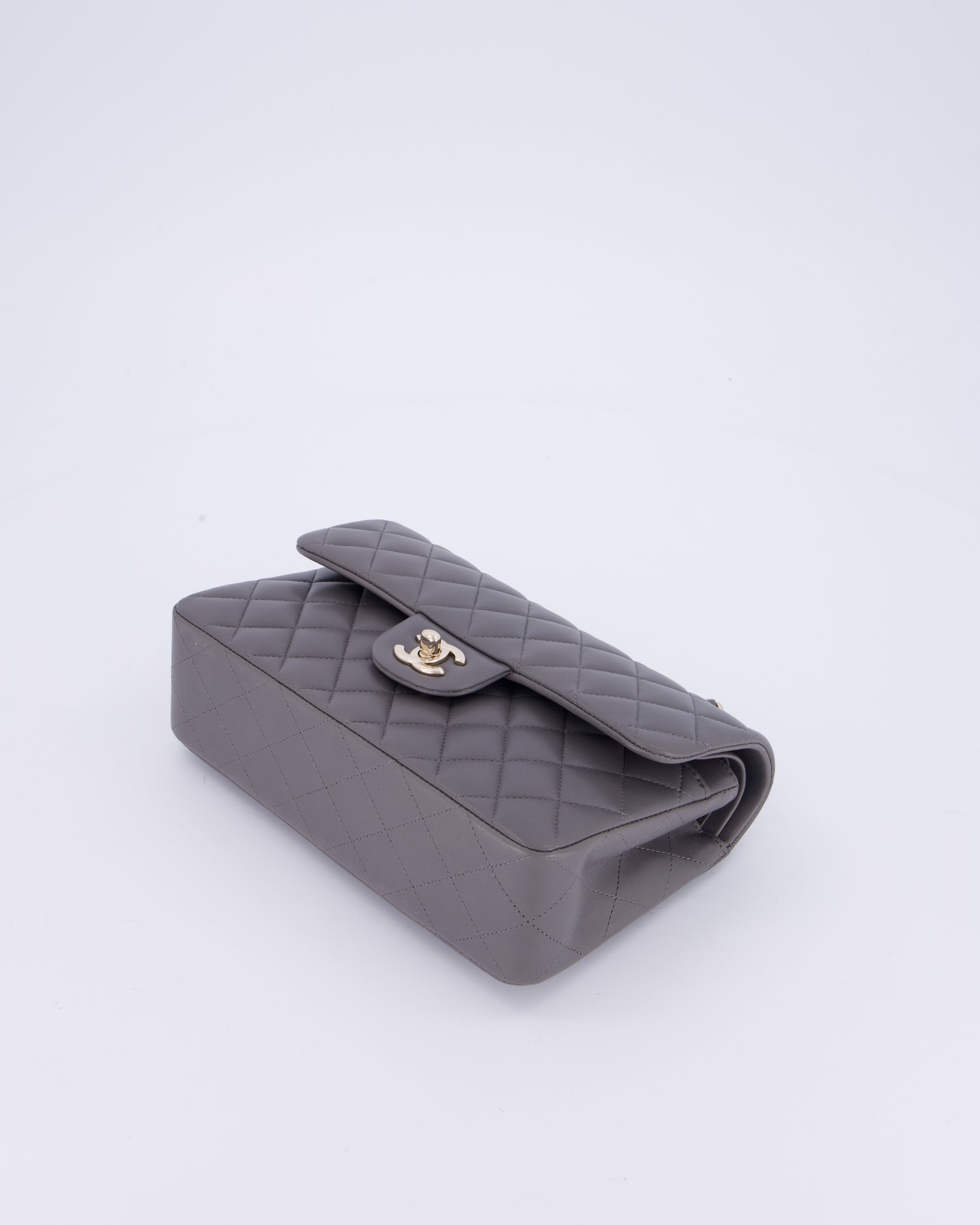 Chanel Dark Grey Small Classic Double Flap Bag in Lambskin Leather with Champagne Gold Hardware