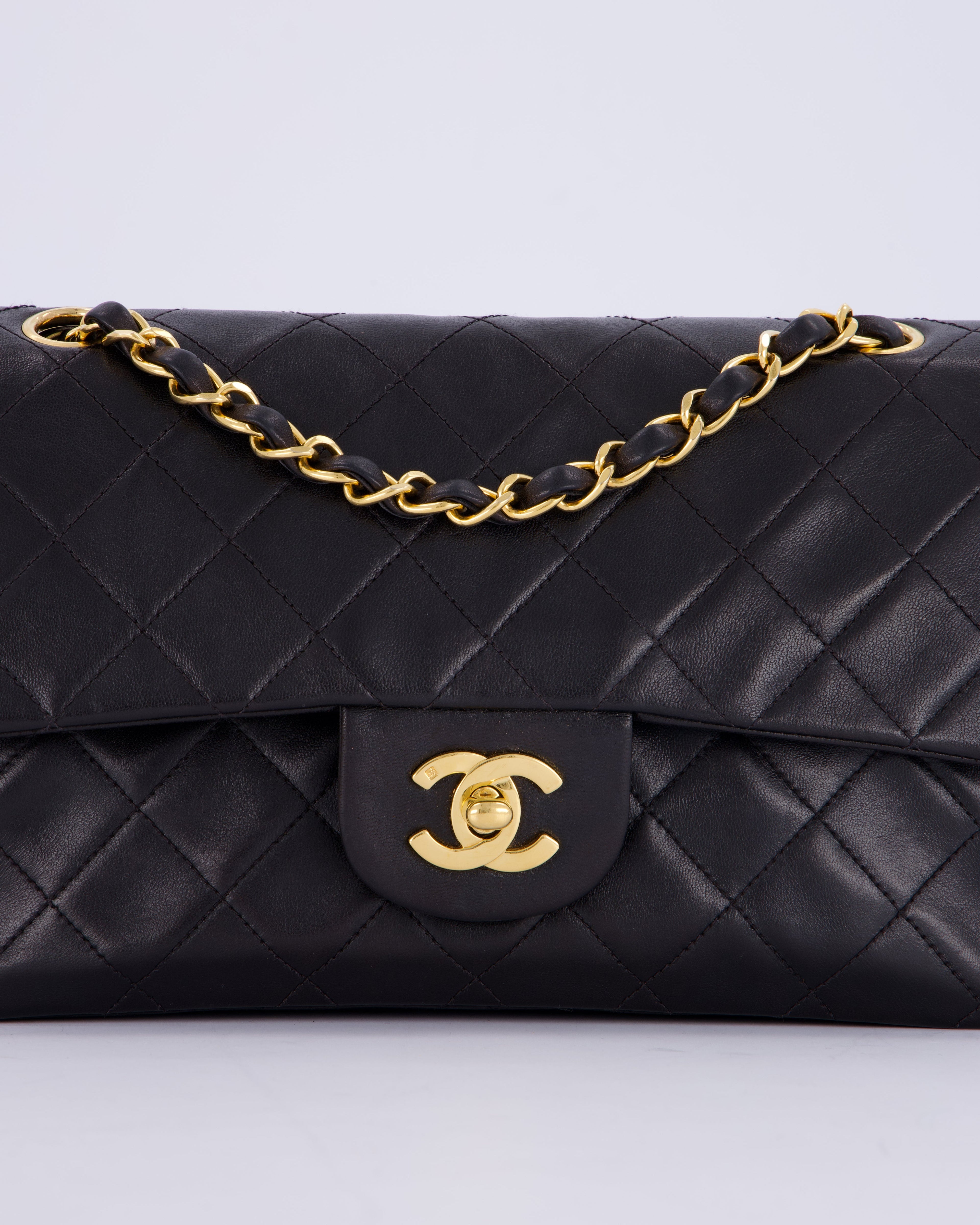 Chanel Vintage Black Small Classic Double Flap Bag in Lambskin Leather with 24K Gold Hardware