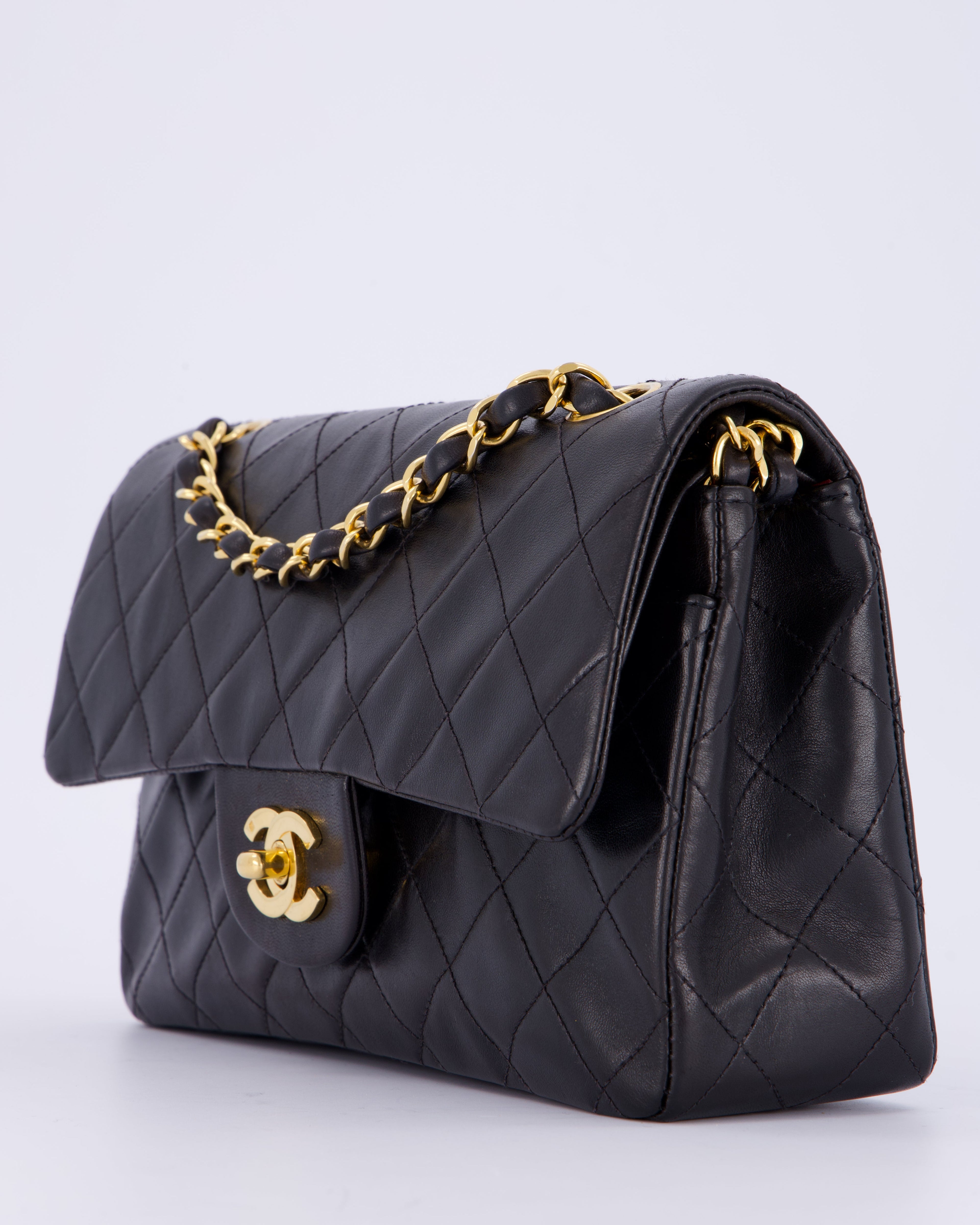 Chanel Vintage Black Small Classic Double Flap Bag in Lambskin Leather with 24K Gold Hardware