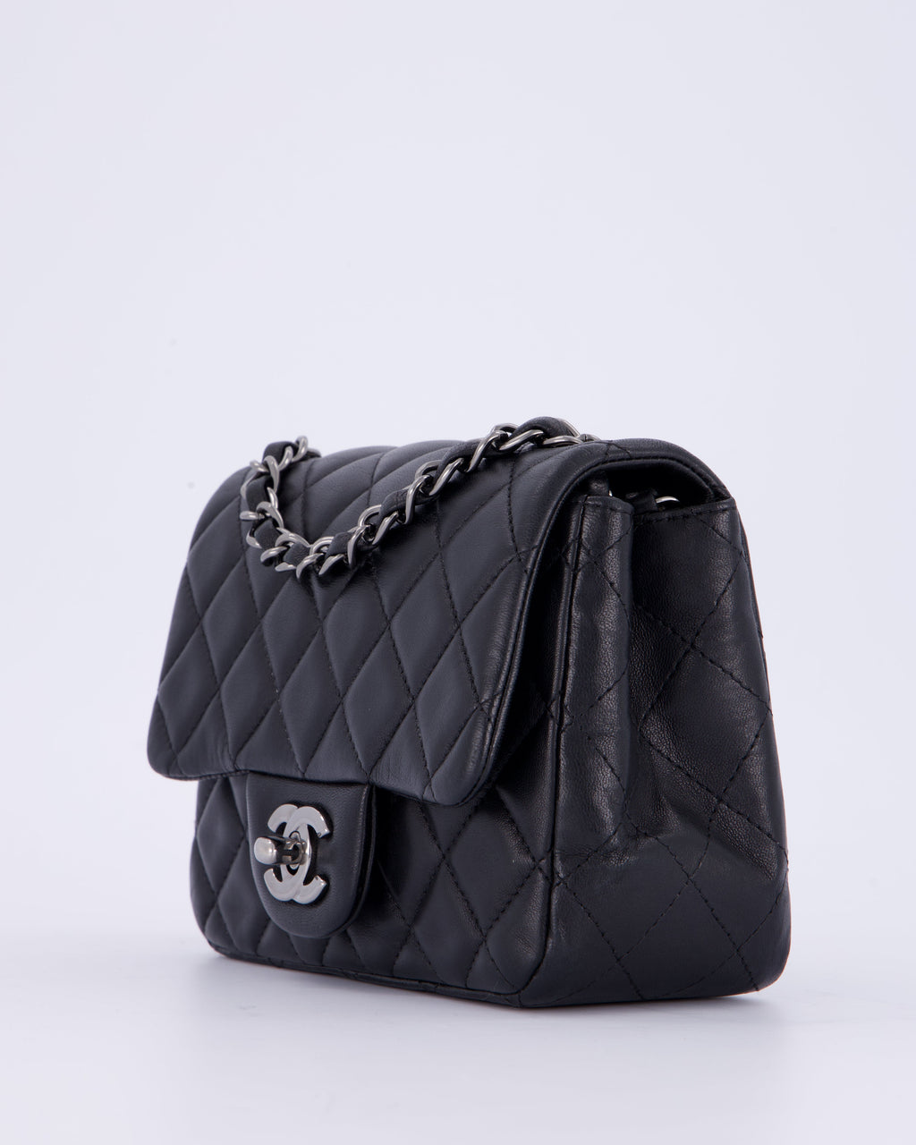 Chanel Black Mini Square Classic Flap Bag in Quilted Lambskin Leather with Ruthenium Hardware