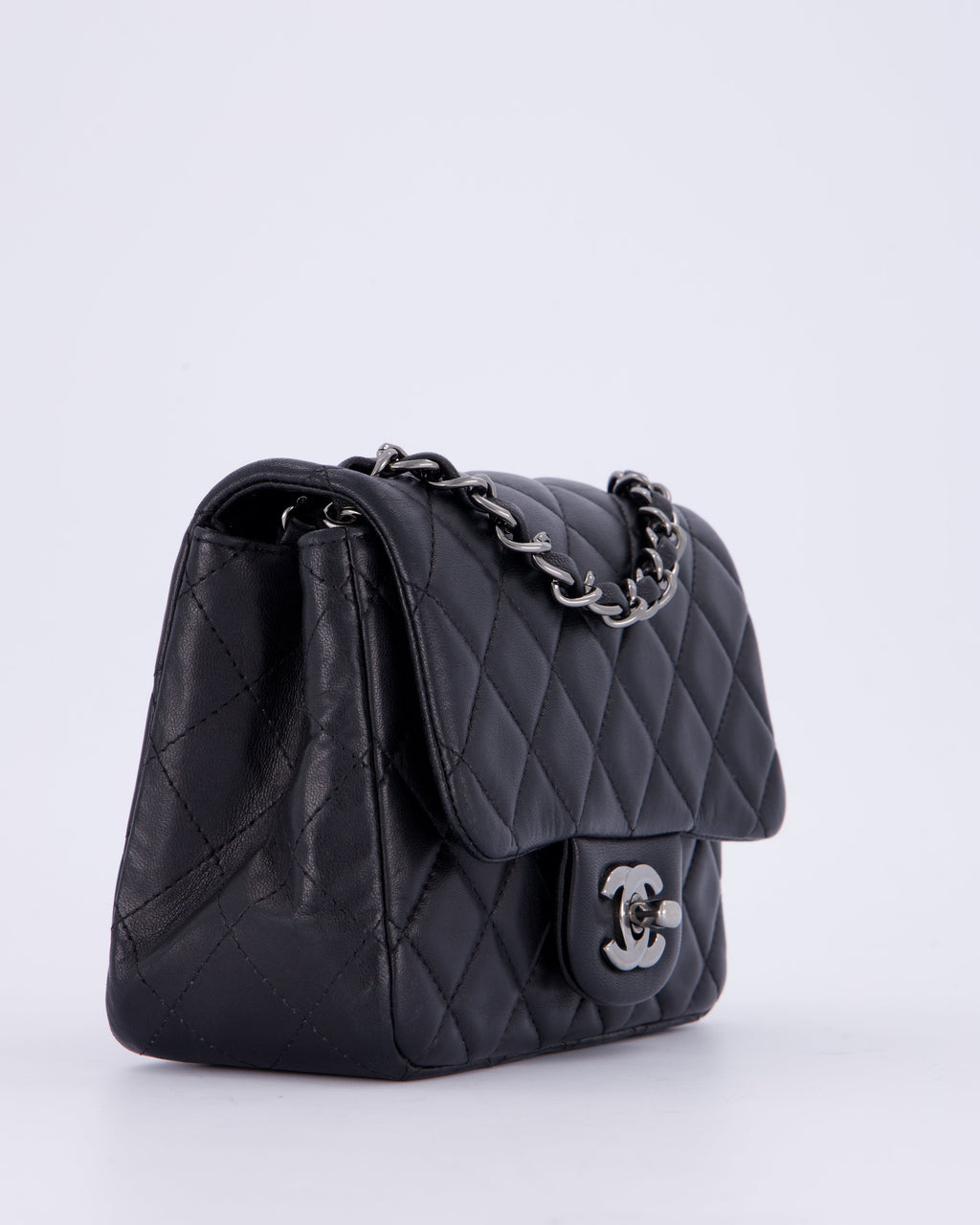 Chanel Black Mini Square Classic Flap Bag in Quilted Lambskin Leather with Ruthenium Hardware