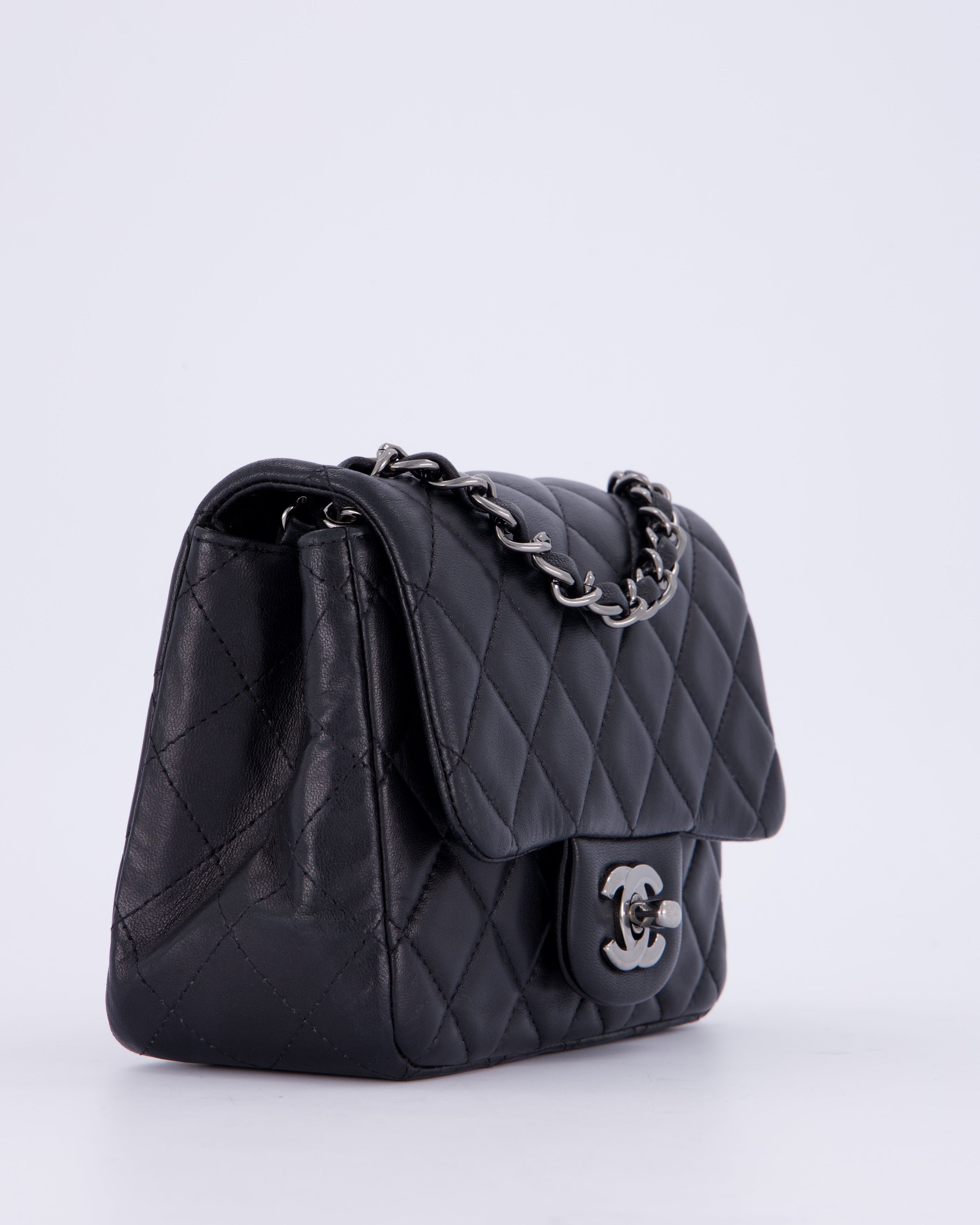 Chanel Black Mini Square Classic Flap Bag in Quilted Lambskin Leather with Ruthenium Hardware