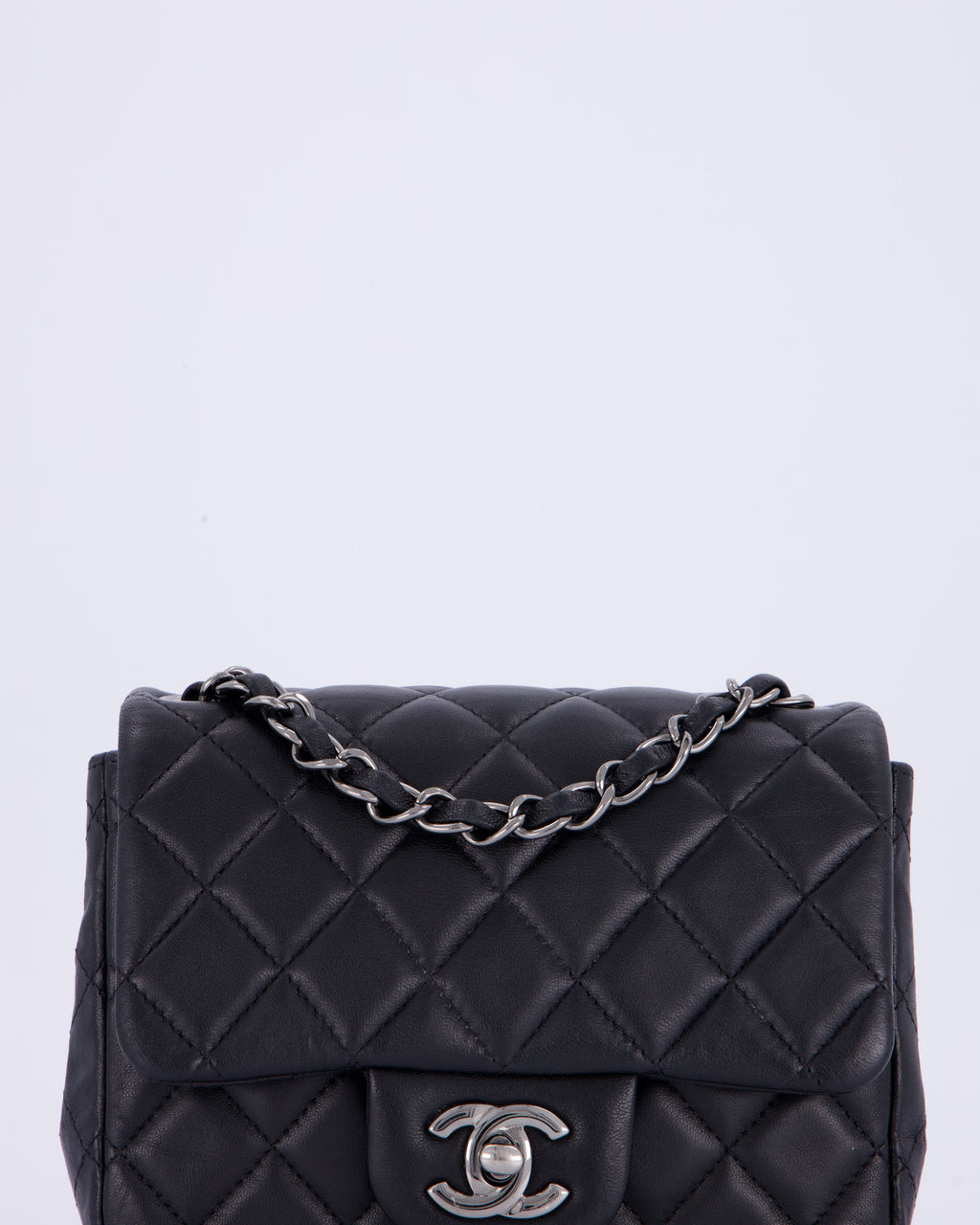 Chanel Black Mini Square Classic Flap Bag in Quilted Lambskin Leather with Ruthenium Hardware