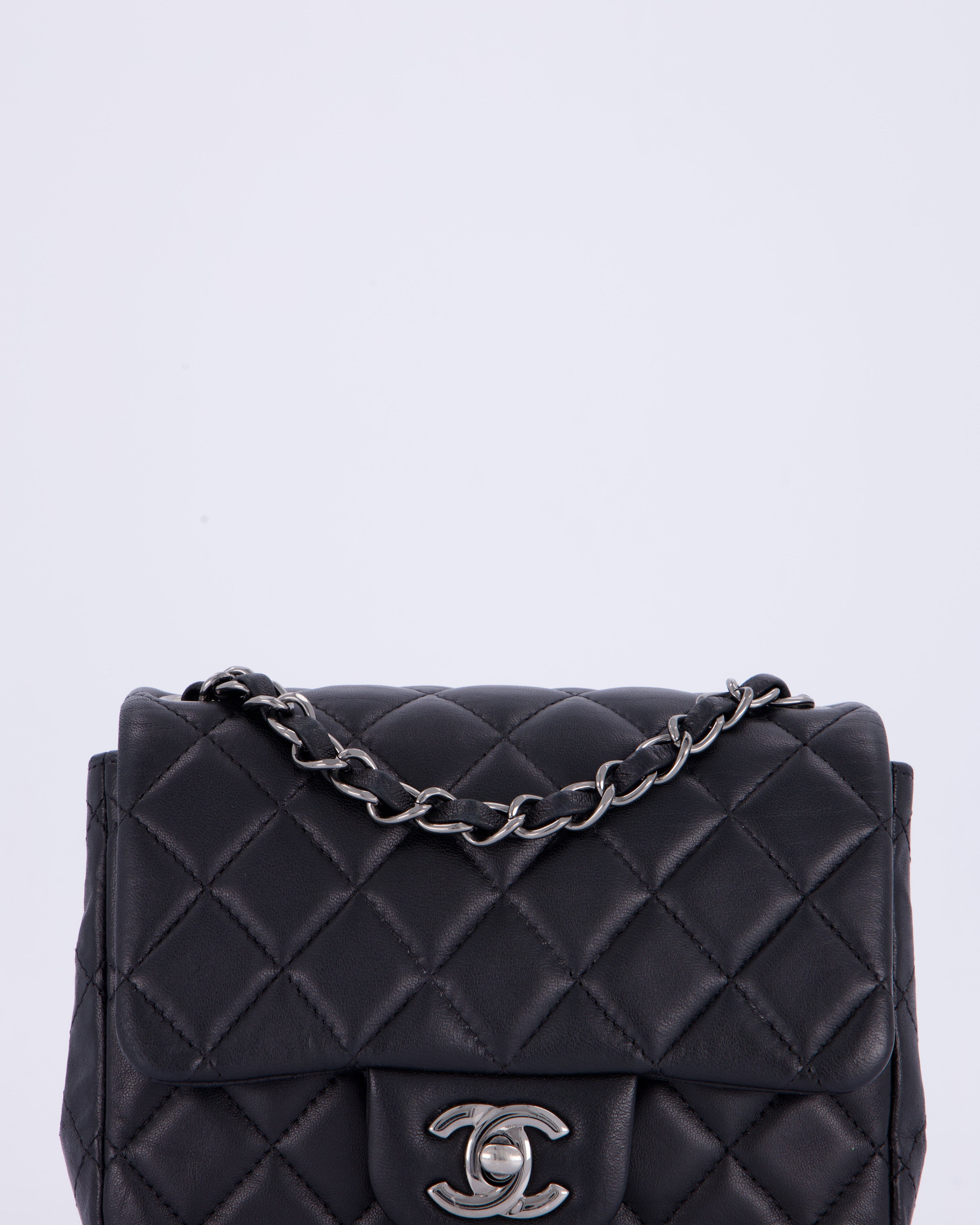 Chanel Black Mini Square Classic Flap Bag in Quilted Lambskin Leather with Ruthenium Hardware