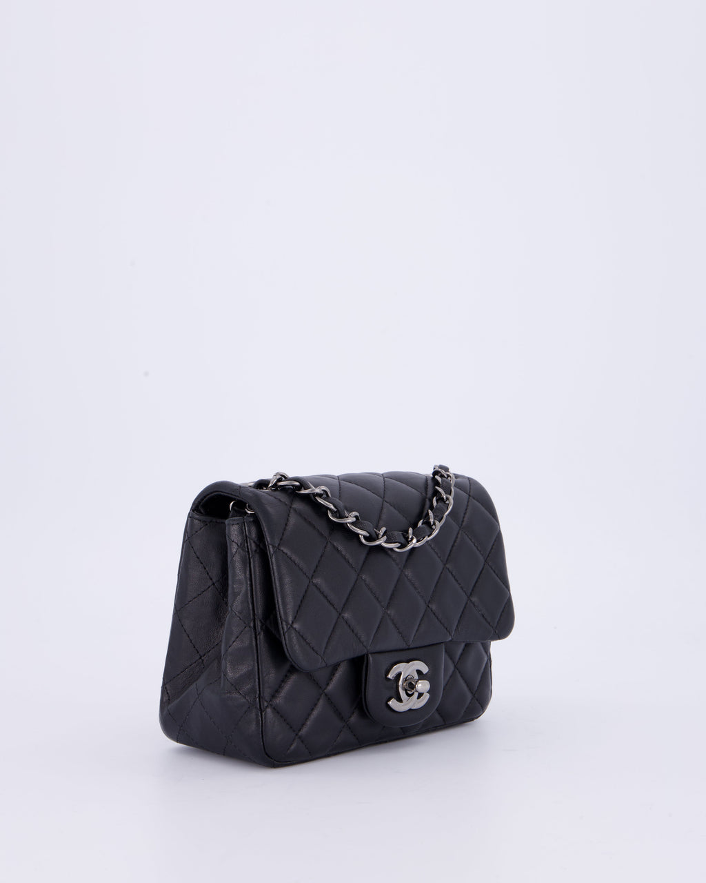 Chanel Black Mini Square Classic Flap Bag in Quilted Lambskin Leather with Ruthenium Hardware