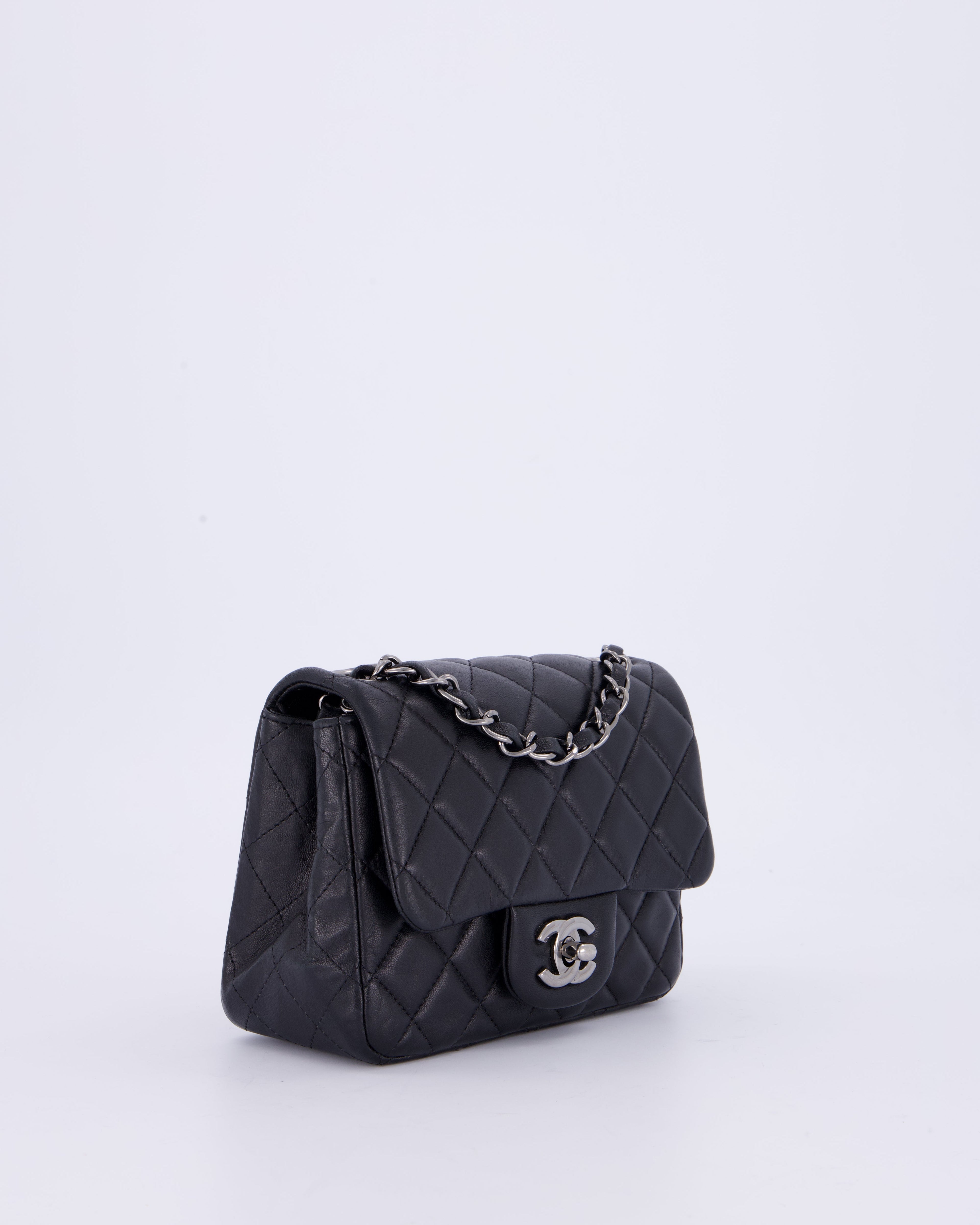 Chanel Black Mini Square Classic Flap Bag in Quilted Lambskin Leather with Ruthenium Hardware