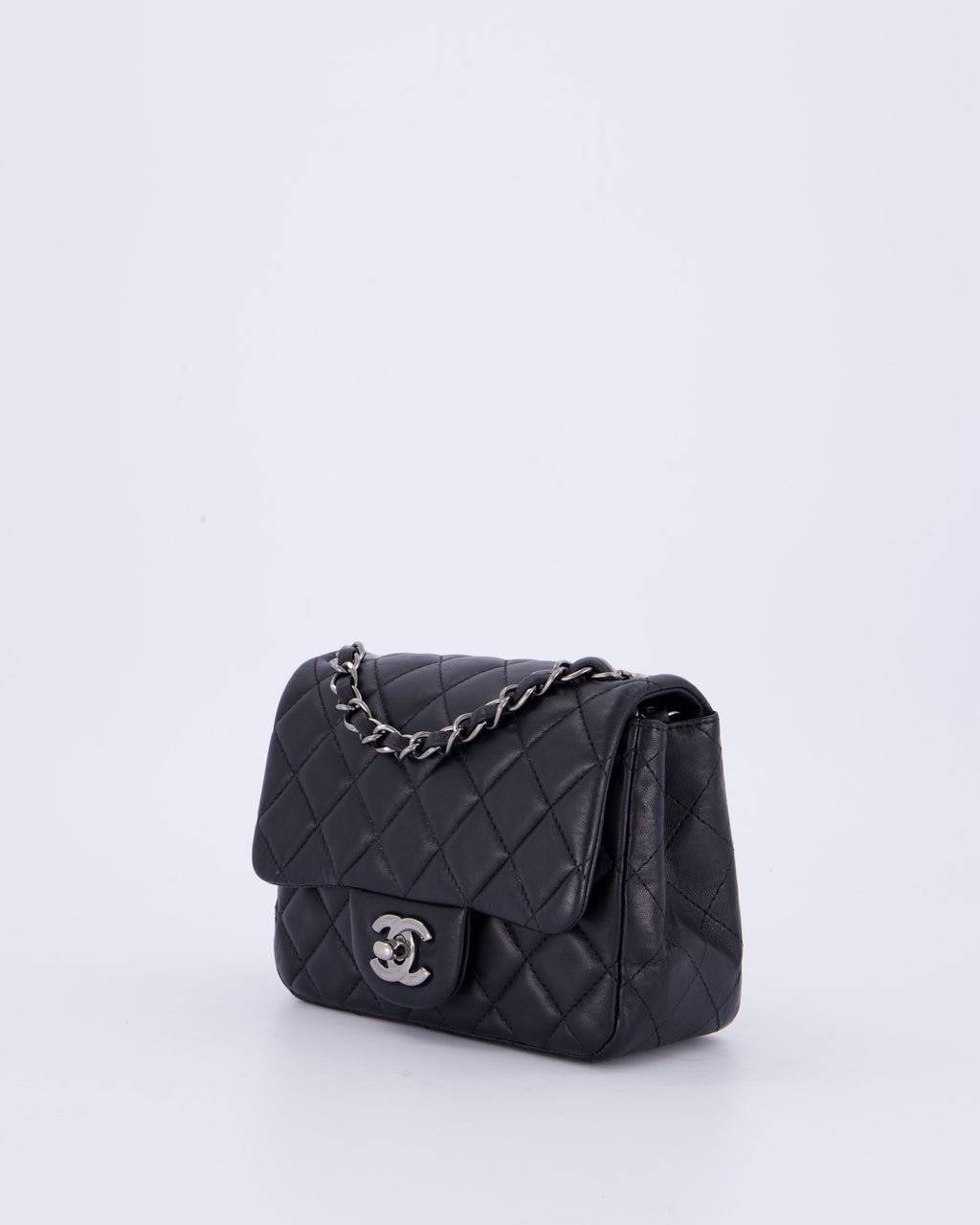 Chanel Black Mini Square Classic Flap Bag in Quilted Lambskin Leather with Ruthenium Hardware
