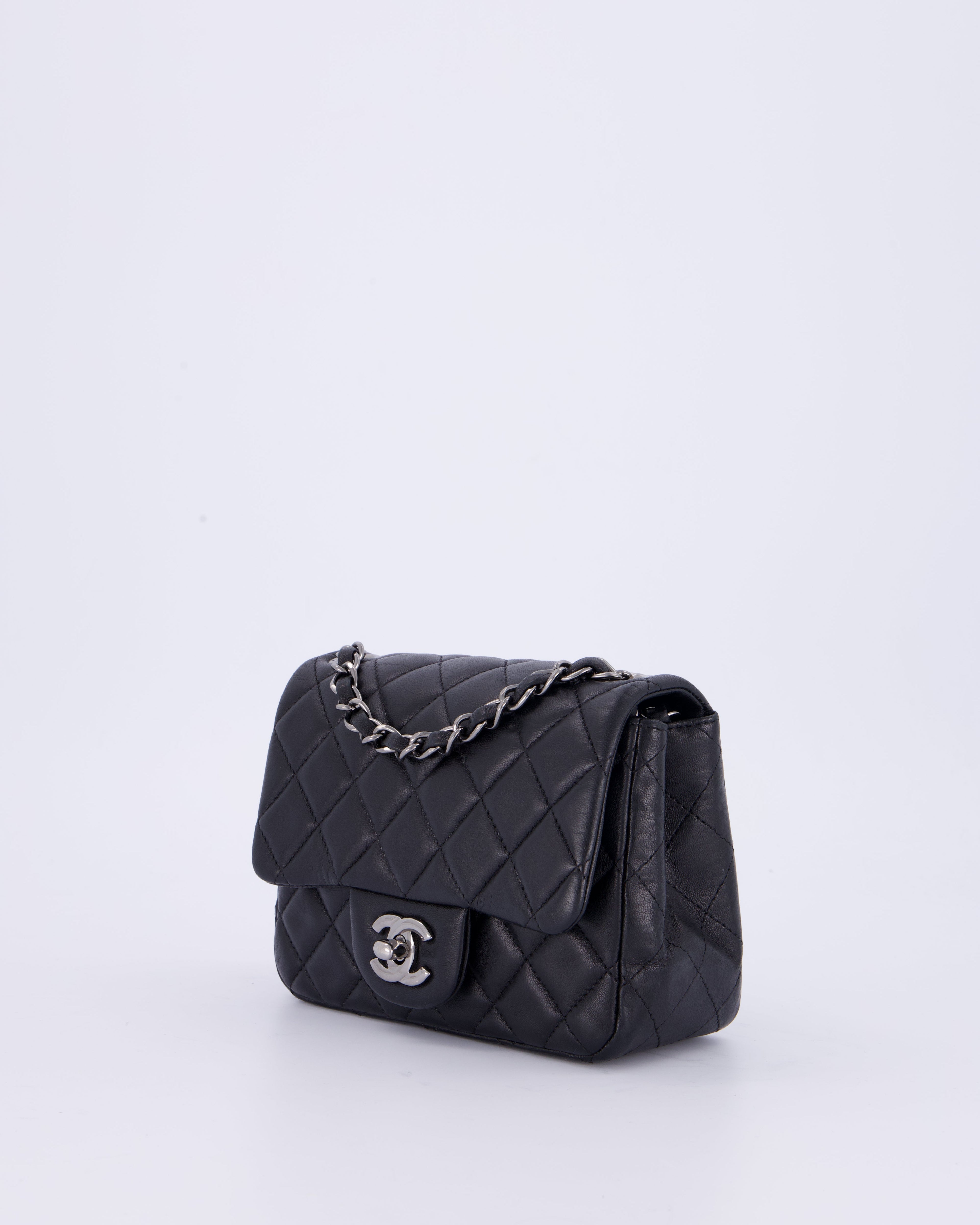 Chanel Black Mini Square Classic Flap Bag in Quilted Lambskin Leather with Ruthenium Hardware