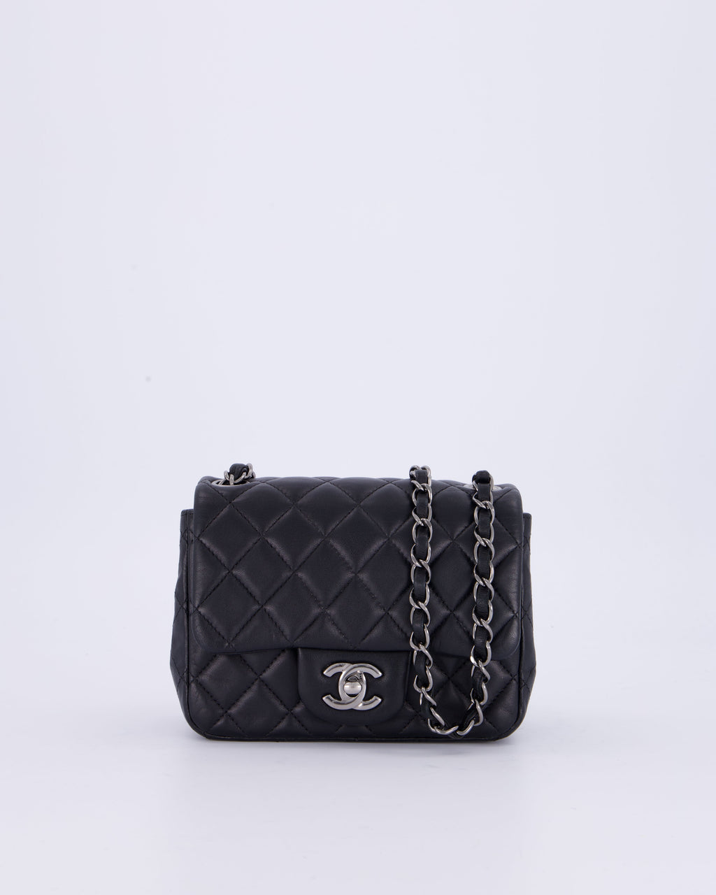 Chanel Black Mini Square Classic Flap Bag in Quilted Lambskin Leather with Ruthenium Hardware