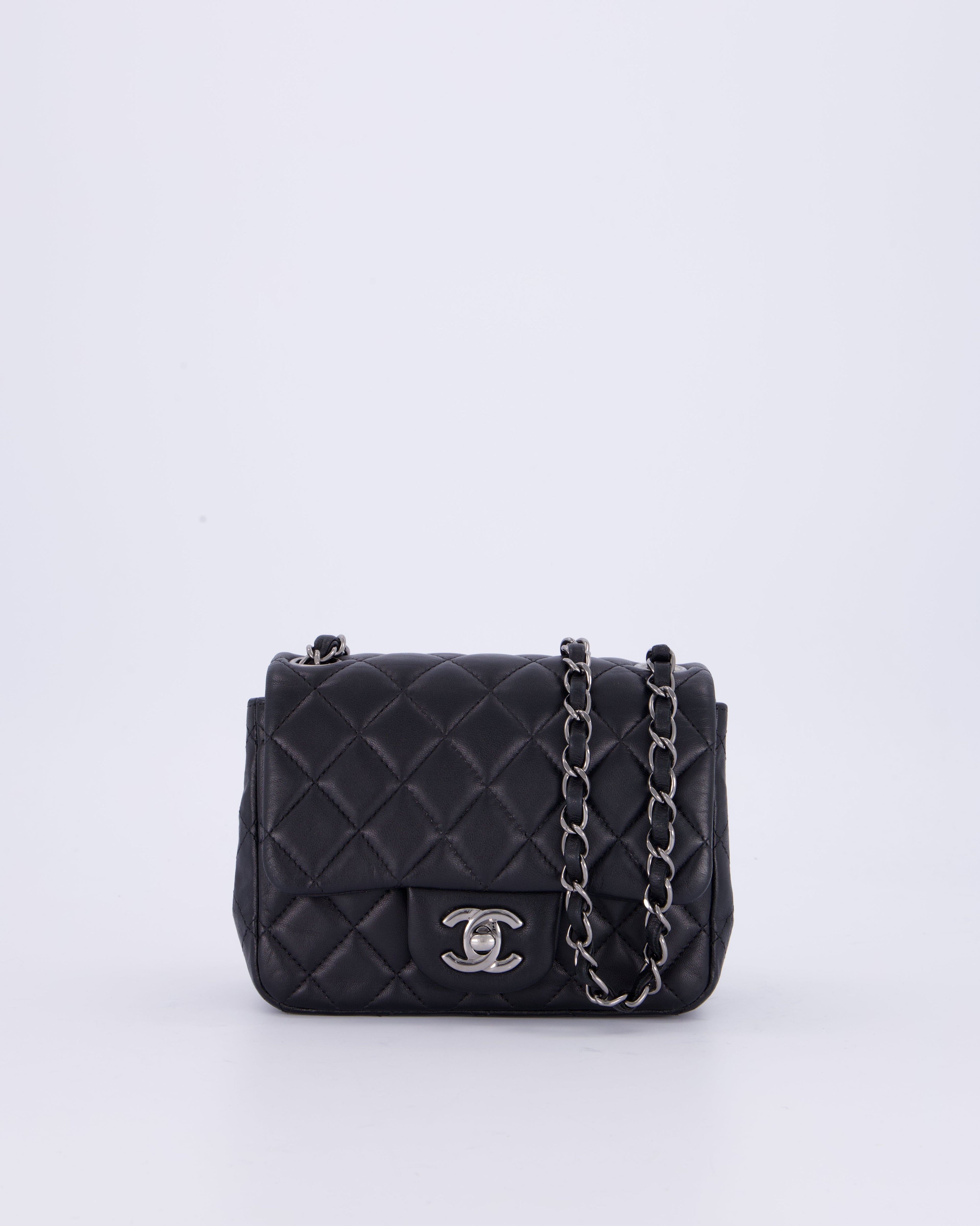 Chanel Black Mini Square Classic Flap Bag in Quilted Lambskin Leather with Ruthenium Hardware