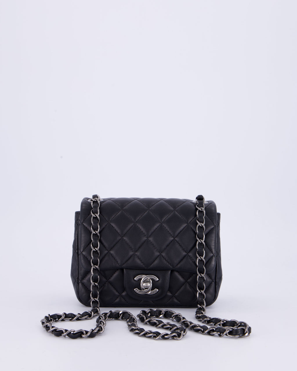 Chanel Black Mini Square Classic Flap Bag in Quilted Lambskin Leather with Ruthenium Hardware