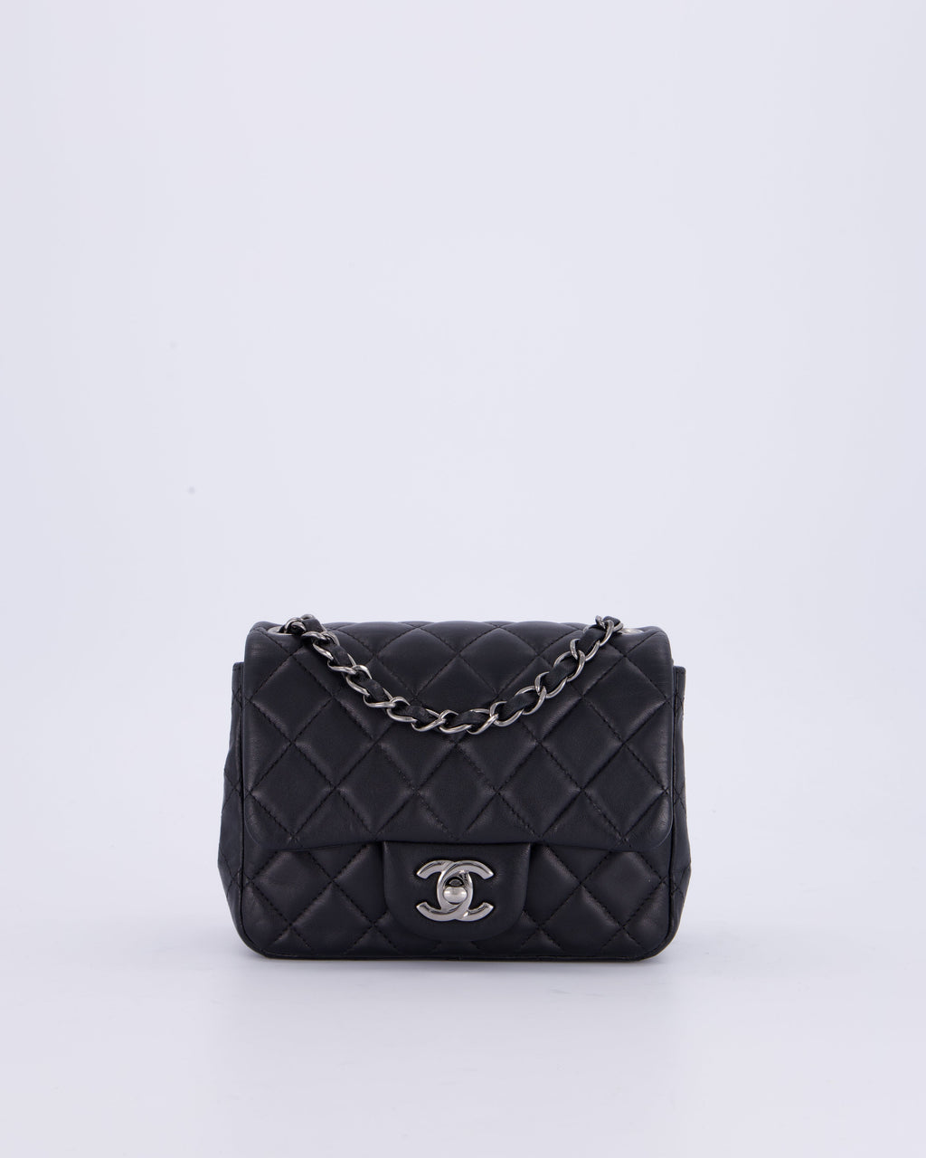 Chanel Black Mini Square Classic Flap Bag in Quilted Lambskin Leather with Ruthenium Hardware