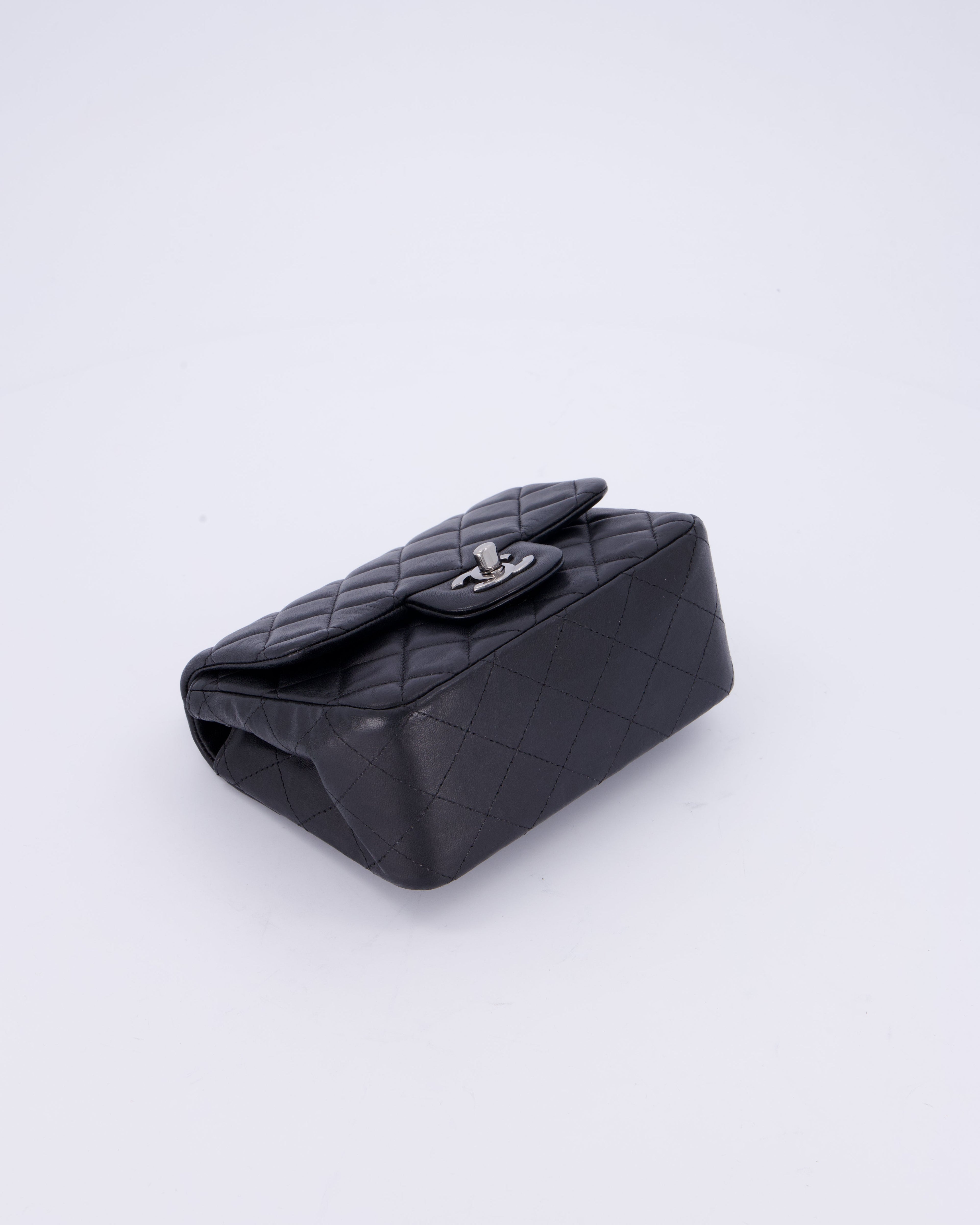 Chanel Black Mini Square Classic Flap Bag in Quilted Lambskin Leather with Ruthenium Hardware