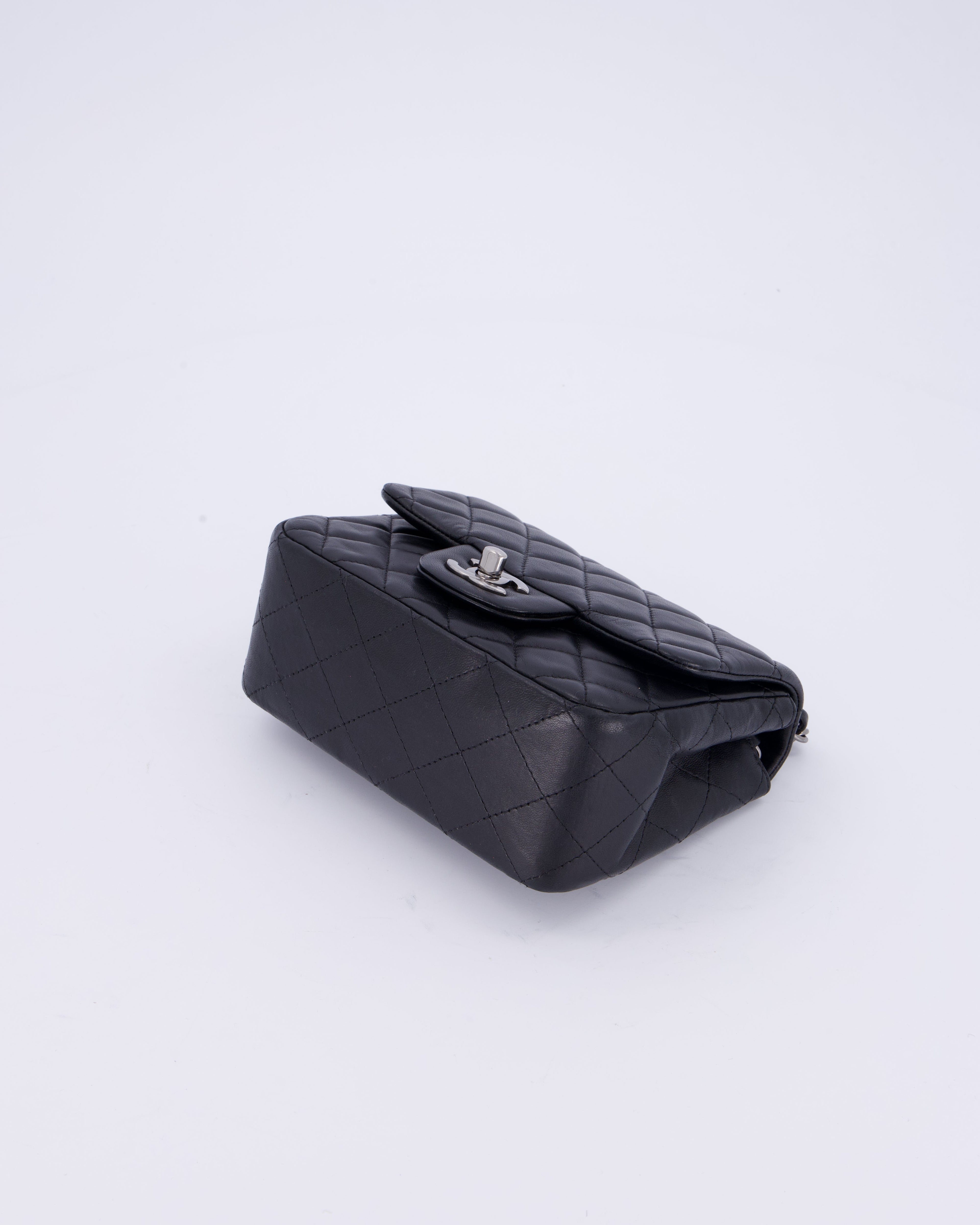 Chanel Black Mini Square Classic Flap Bag in Quilted Lambskin Leather with Ruthenium Hardware