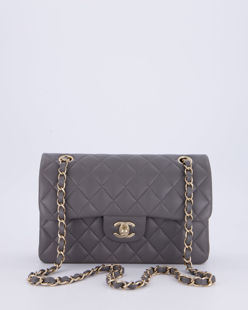 Chanel Dark Grey Small Classic Double Flap Bag in Lambskin Leather with Champagne Gold Hardware